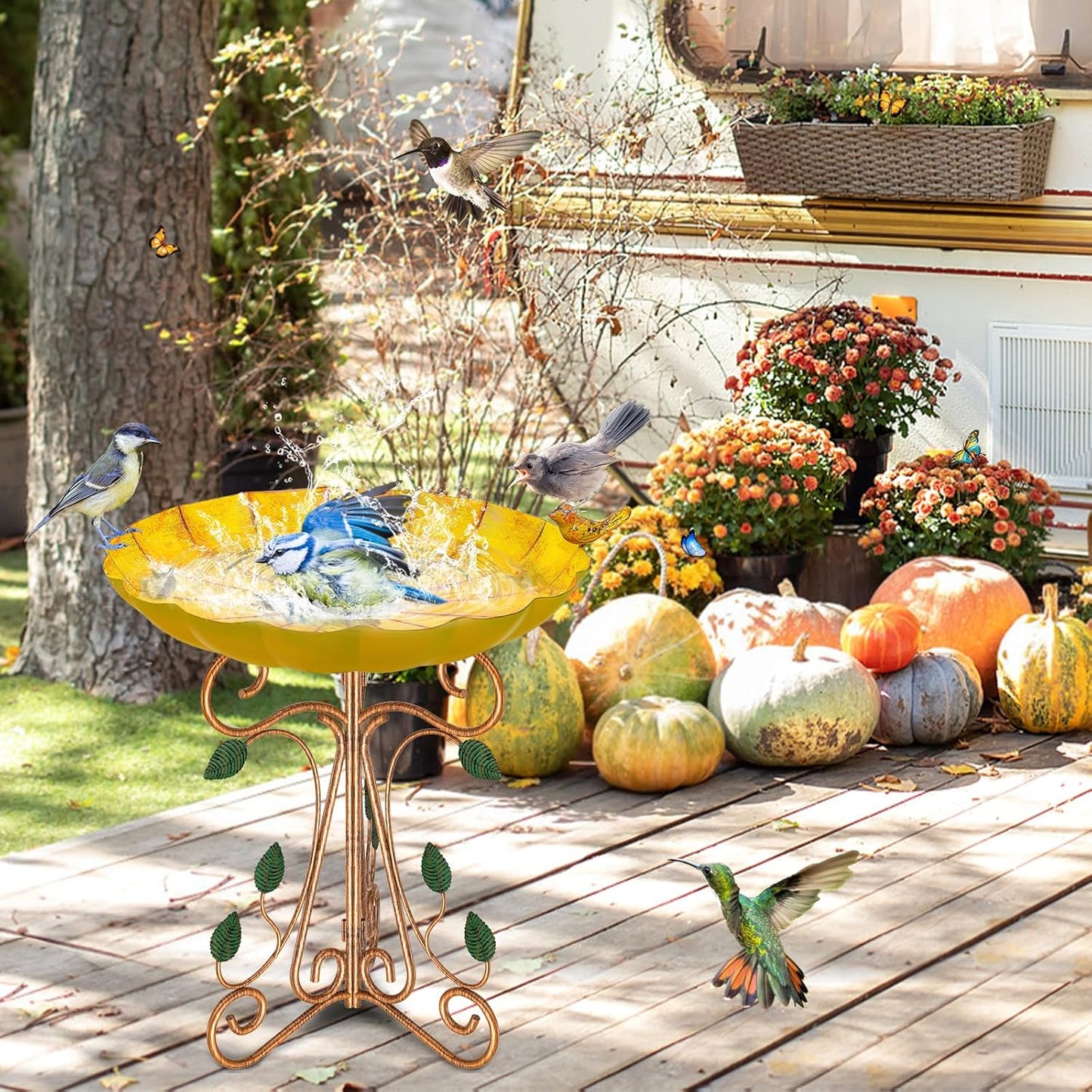 Vintage Metal Bird Bath for Outside, 13" Dia Birdbaths Bowl with Cast Iron Pedestal, Large Antique Bird Feeder with Folding Bracket for Outdoors Garden Patio Yard Decor (Retro Yellow)