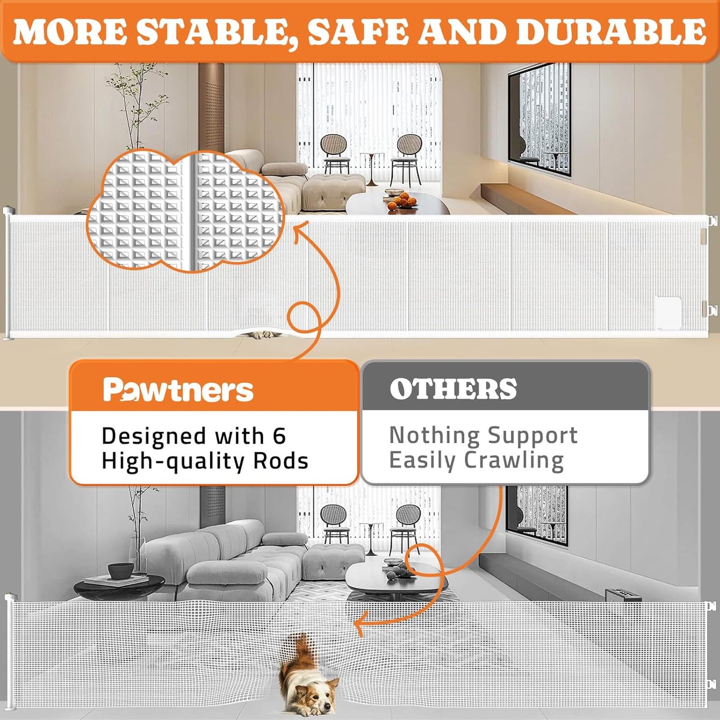 Pawtners Retractable Baby Gates Extra Wide, 41" Tall Extends up to 120" Wide, Dog Gate Indoor with Cat Door for Stairs, Pet Gate with Support Rods for Doorways Hallways Indoor & Outdoor-White