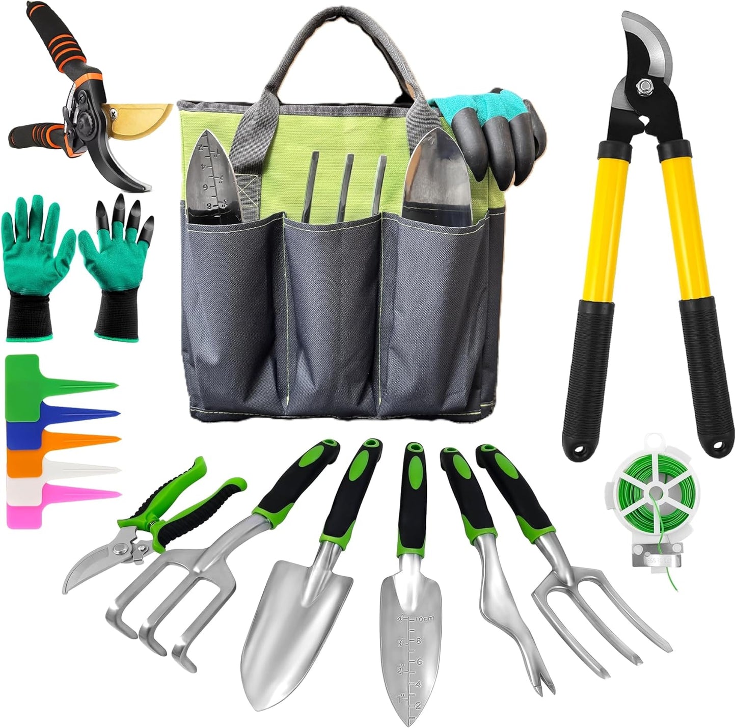 Gardening Tools – 42 Piece Premium Gardening Tool Set,Heavy Duty Hand Tools with Fashion Garden Tools Organizer Handbag,Rust-Proof Gardening Tool Kit, Ideal Gardening Gifts for All (Green/Grey)