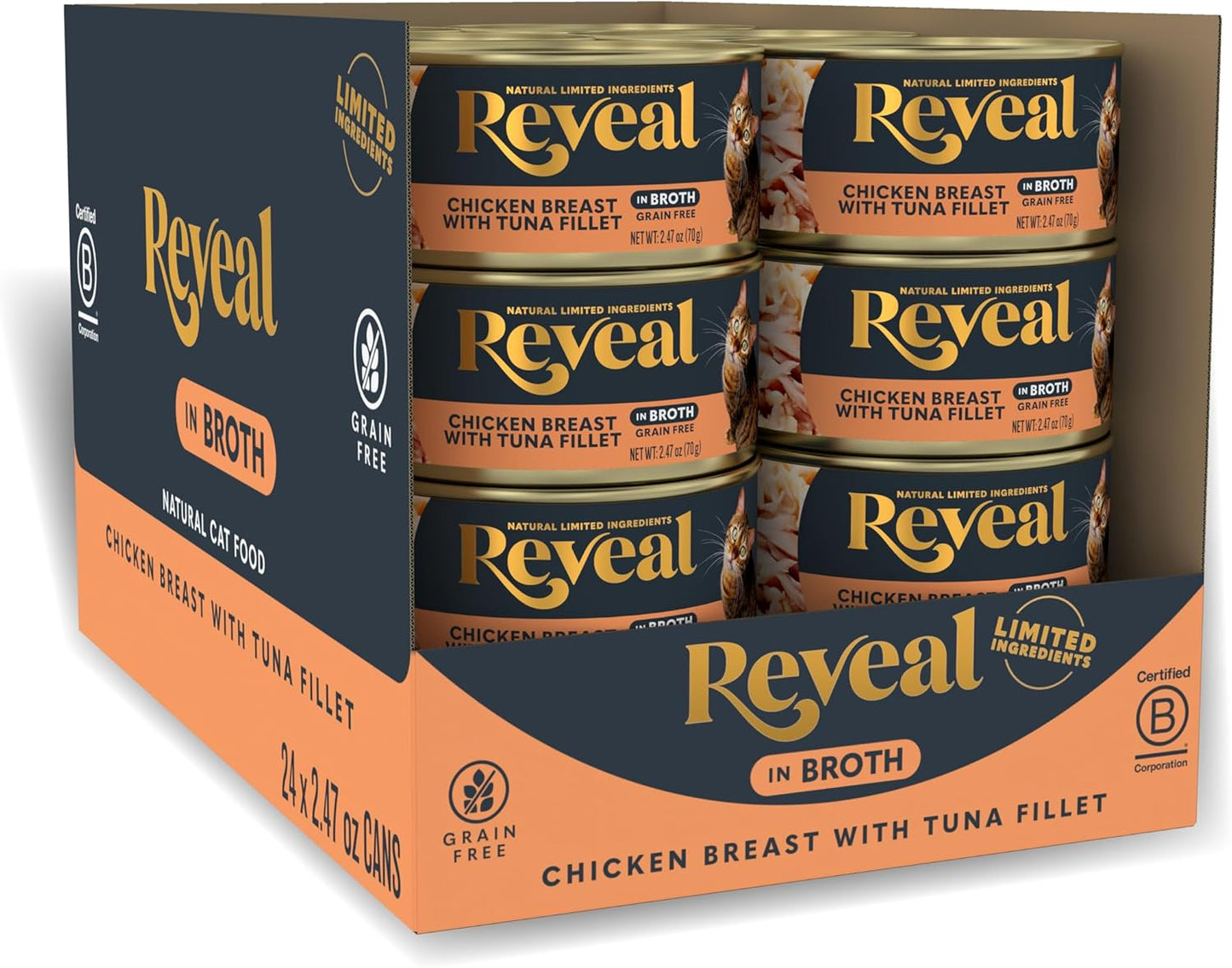 Reveal Natural Wet Canned Cat Food, Limited Ingredient, Grain Free, Protein with No Artificial Additives, Chicken Breast with Tuna in Broth (24 x 2.47 oz Cans)