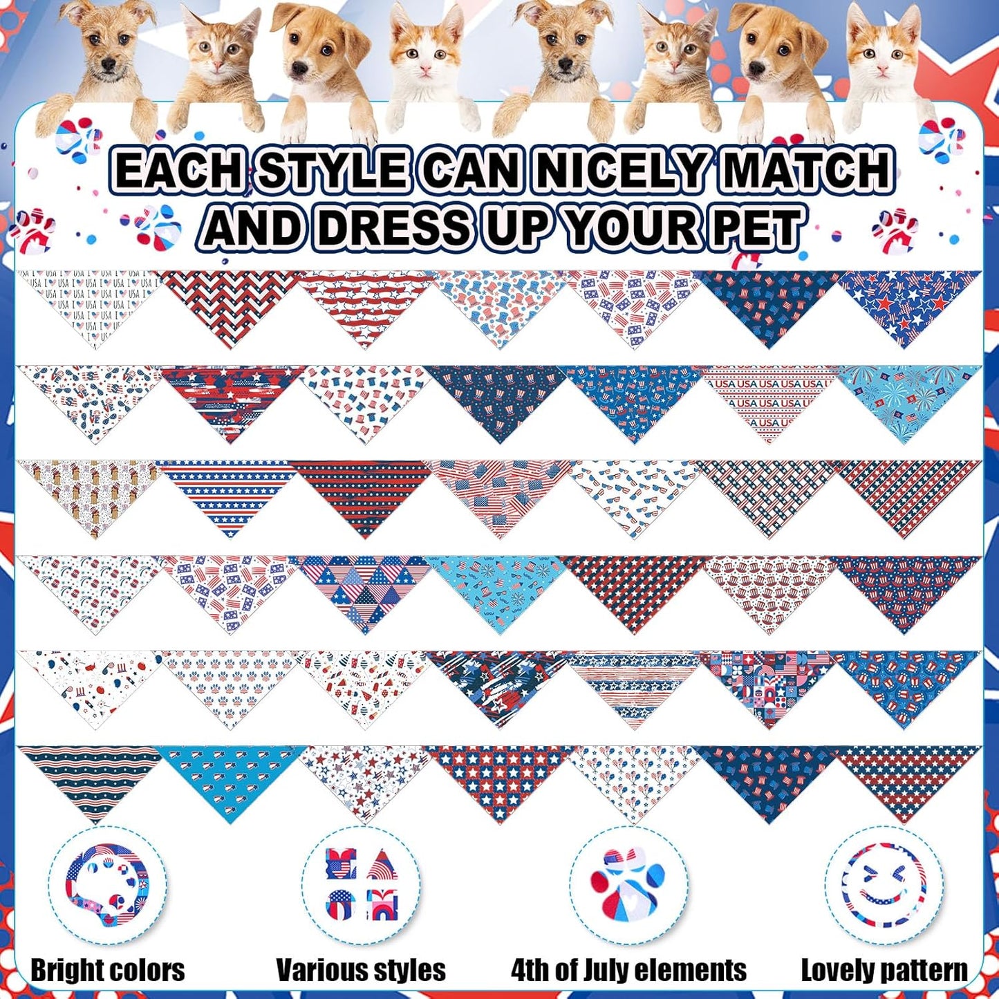 Sanwuta 120 Pcs 4th of July Bandanas for Dogs Patriotic Pet Scarves Adjustable Soft Cute Dog Triangle Scarfs for Medium Small Dogs Cats Large Puppy