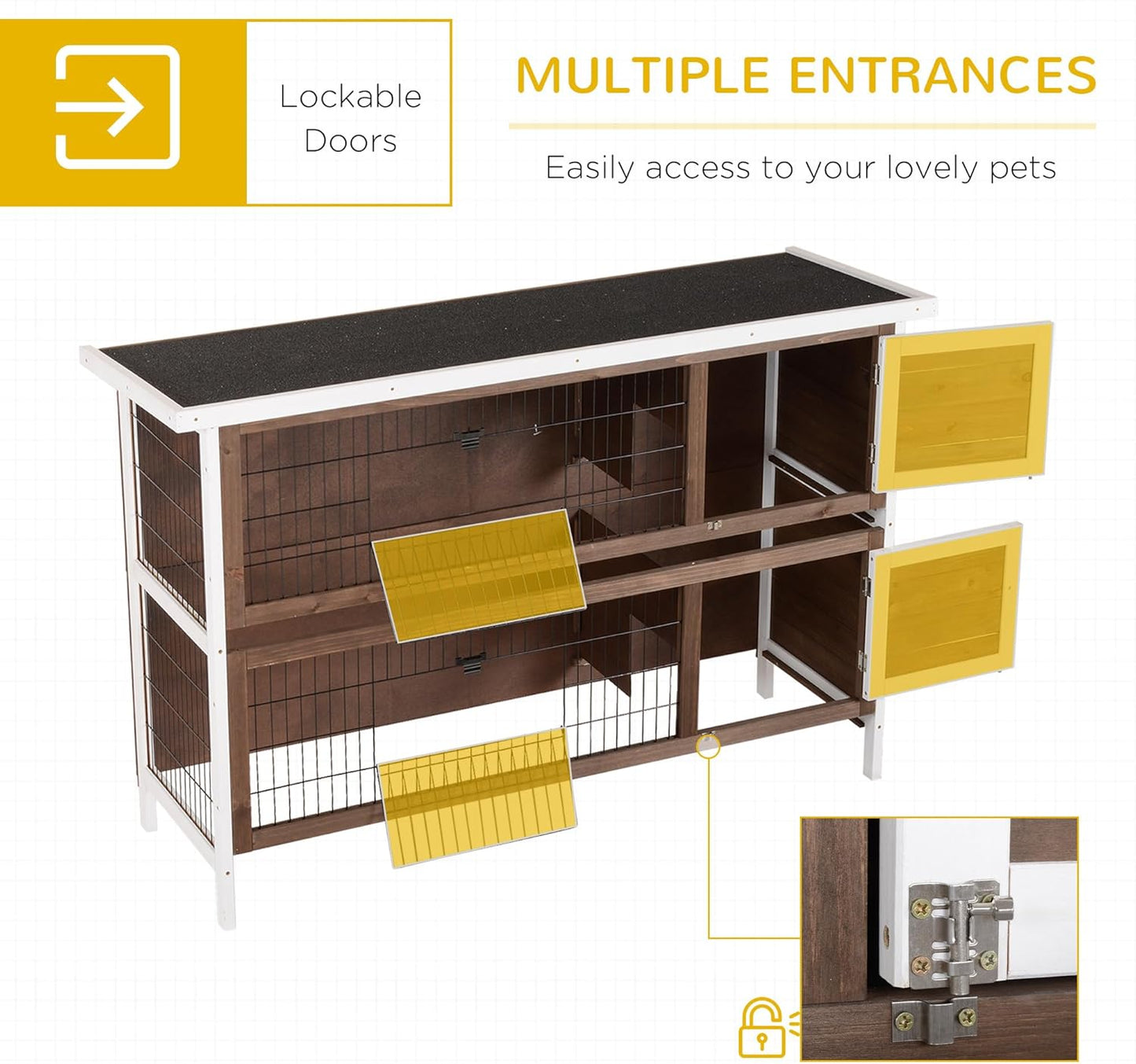 PawHut 54" 2-Story Large Rabbit Hutch Bunny Cage Wooden Pet House Small Animal Habitat with Lockable Doors, No Leak Tray and Waterproof Roof for Rabbits, Chickens, Ducks, Outdoor/Indoor Brown