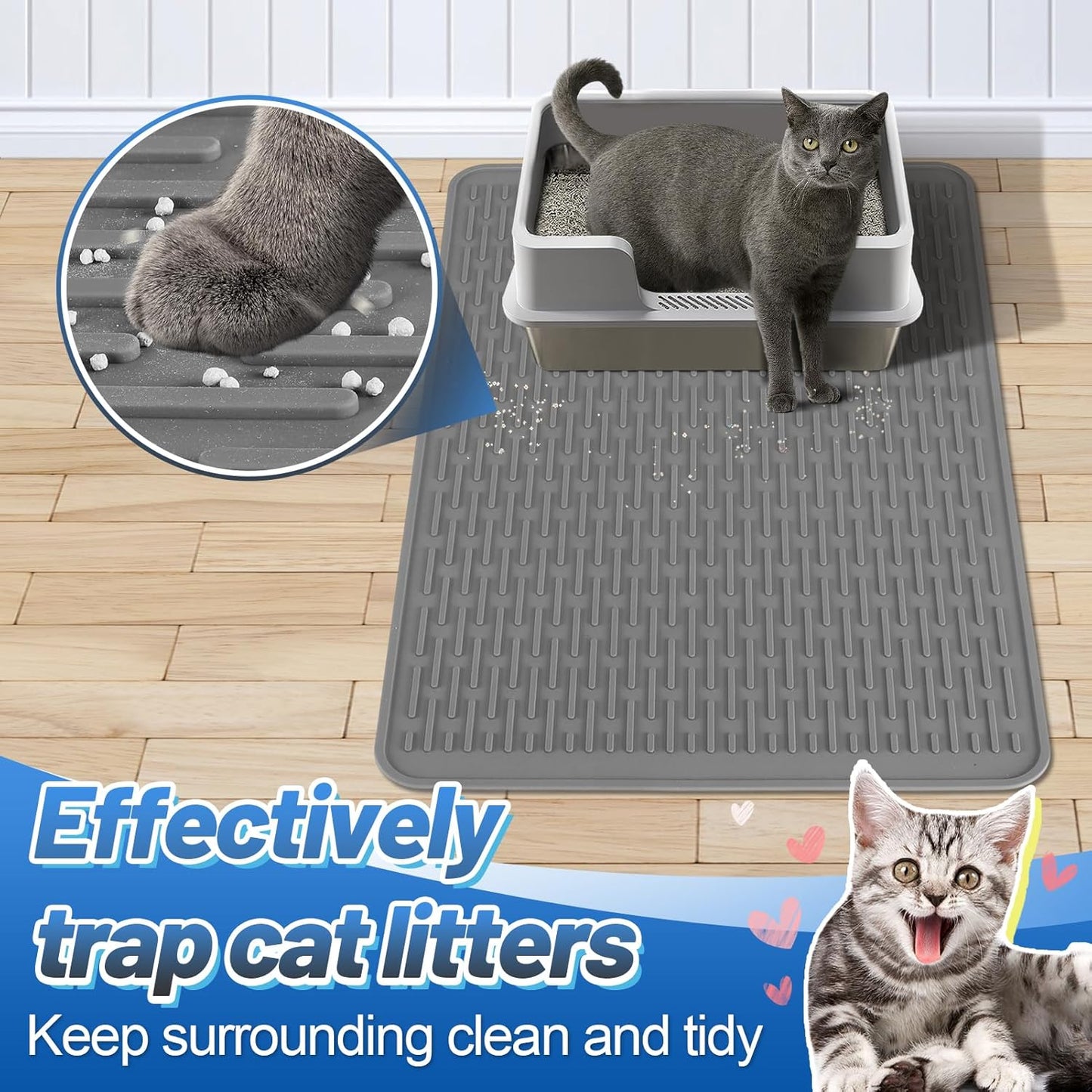 MEWTOGO Easy Clean Silicone Cat Mat for Litter Box - 39" x 26.6" Extra Large Waterproof Non-Slip Kitty Litter Trapping Mat for Protecting Floor, Less-Mess Food Water Mat for Indoor, Gray