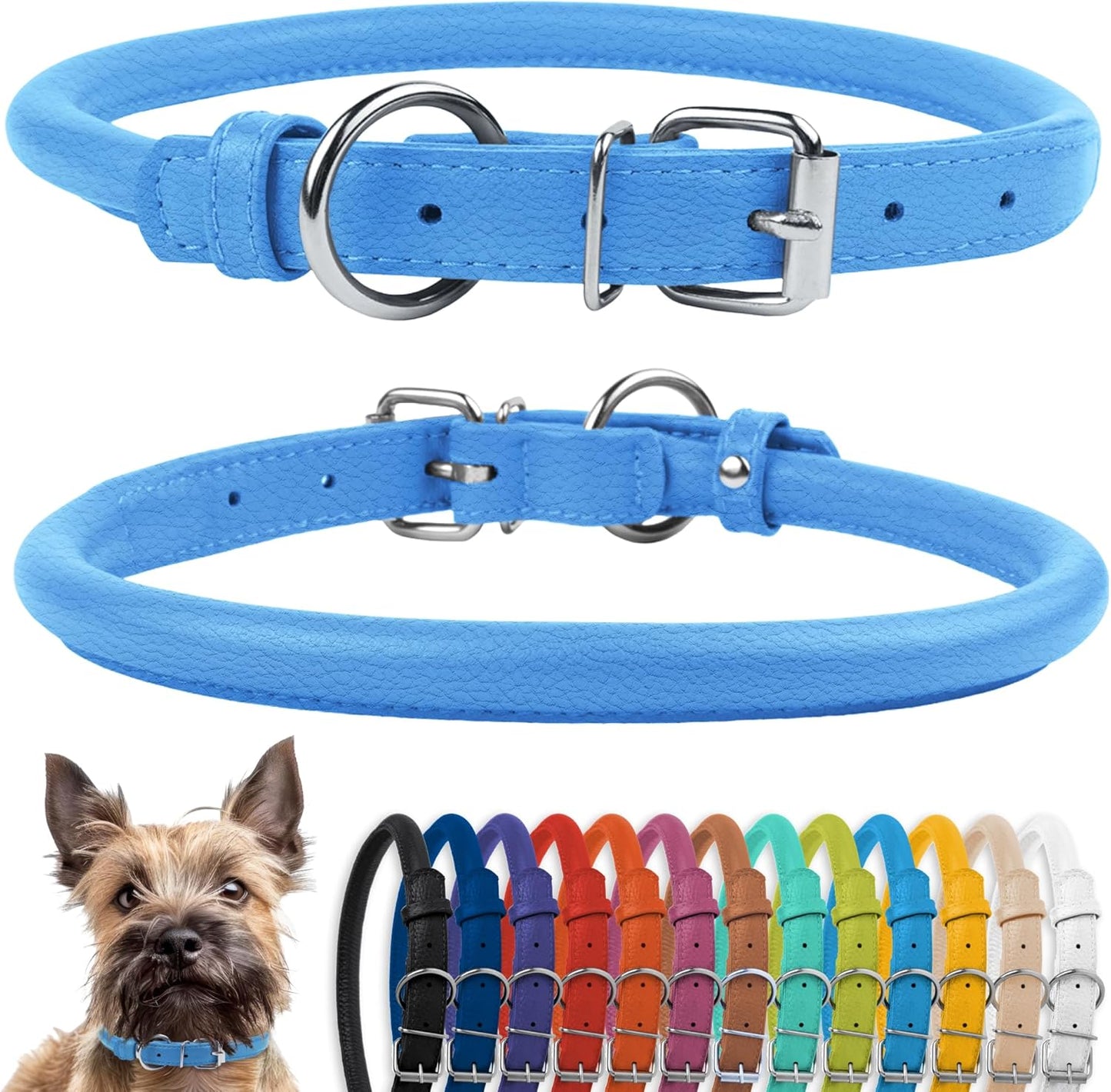 CollarDirect Rolled Leather Dog Collar, Soft Padded Round Puppy Collar, Handmade Genuine Leather Collar Dog Small Large Cat Collars 13 Colors (8-11 Inch, Light Blue Textured)