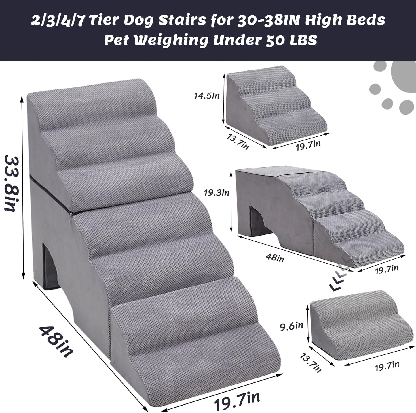 Dog Stair Steps for High Beds 36 inches Tall, 33D Foam Dog Ramp for Bed 32 inches, 7-Step Pet Stair Steps for Small Large Dogs for Bed Climbing, Non-Slip Dog Steps for Older Dogs/Cats, Grey