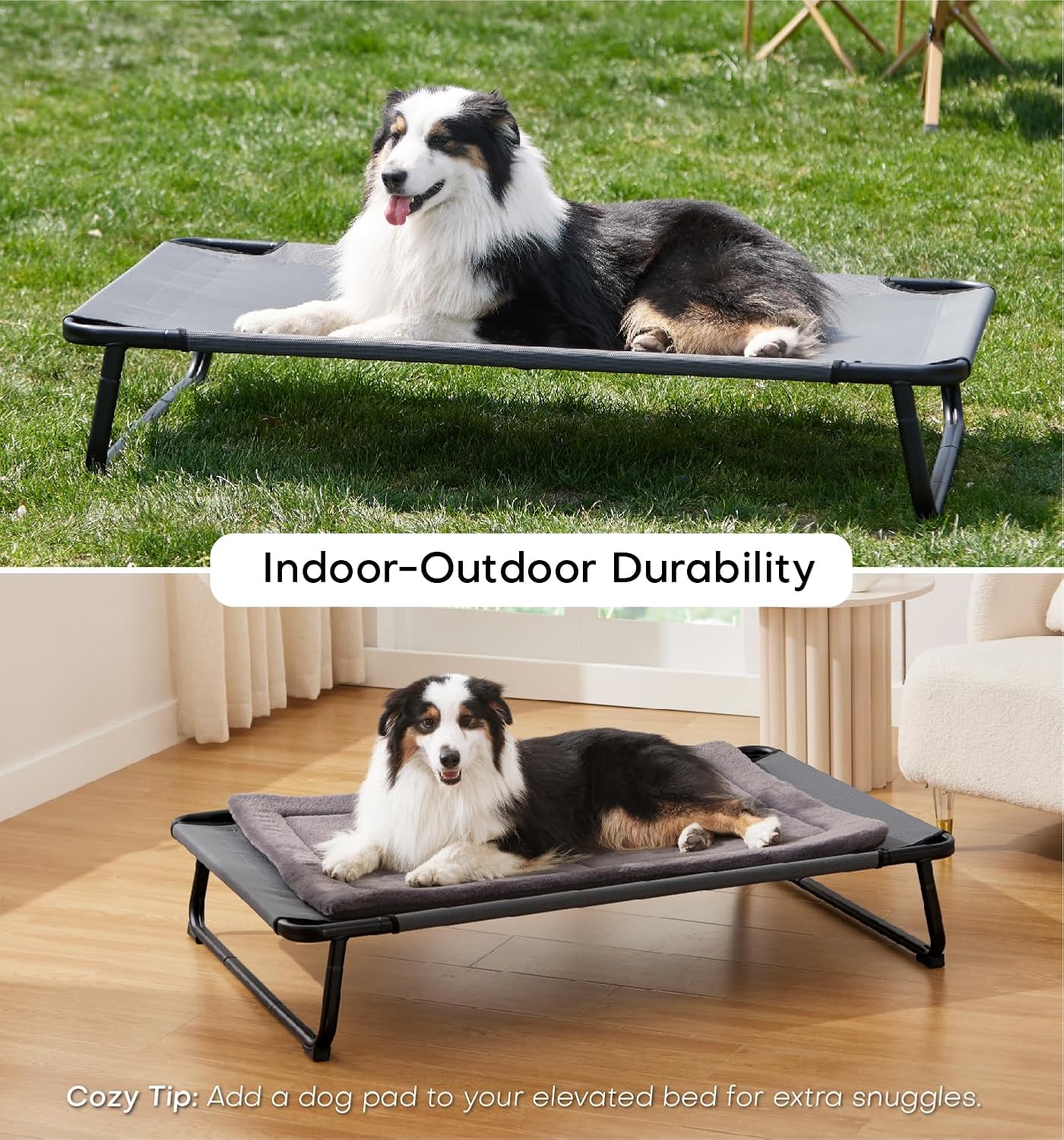 Made4Pets Outdoor Elevated Dog Bed for Large Dogs - Cooling Raised Pet Cot with Skid-Resistant Feet, Tool-Free Setup, Chew-Resistant Frame, Washable Mesh Hammock, Indoor & Outdoor Use, 42"x28", Gray