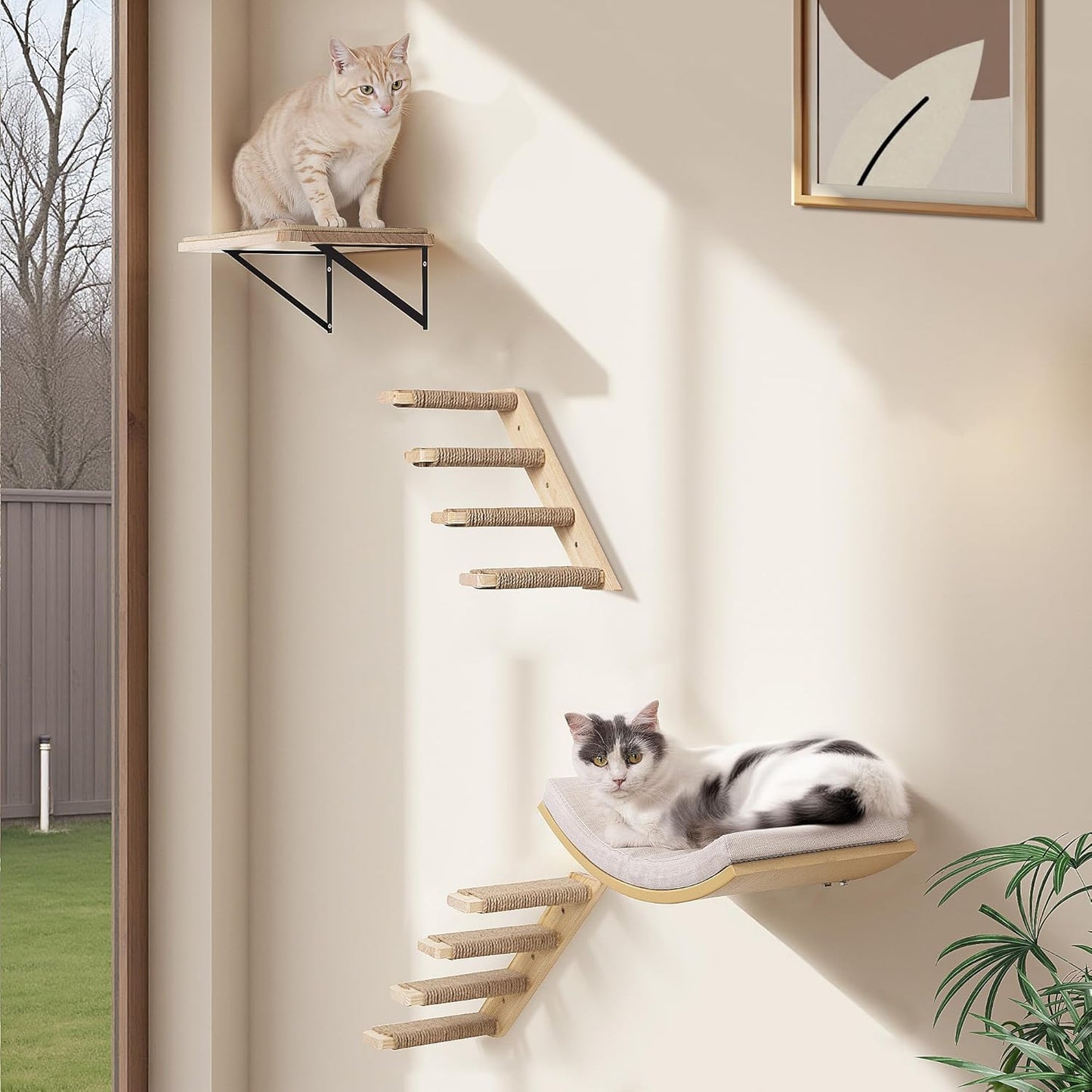 4-Piece Cats Wall Furniture with Cat Window Perch – Wood Wall Mounted Cat Shelves Set with Foam-Padded Curved Bed, Flat Perch & 4-Step Cats Stairs