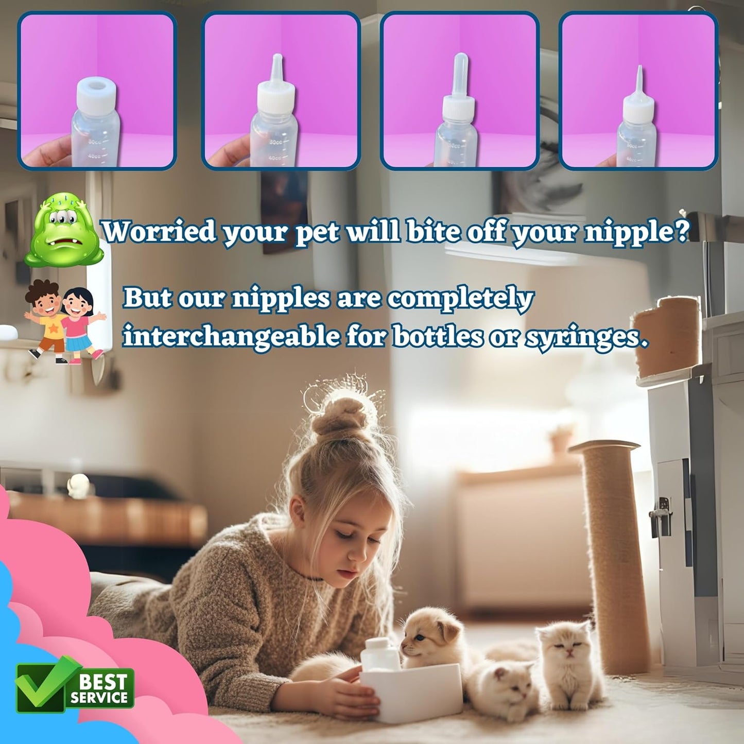 Newborn & Senior Pet Feeding Kit, Kitten/Puppy Bottle (50ml), Syringe with Silicone Nipple, Oral Dosing Syringe, Soft BPA-Free Nipples, Medicine Dispenser & Travel Case for Cats Dogs Rabbits Squirrels