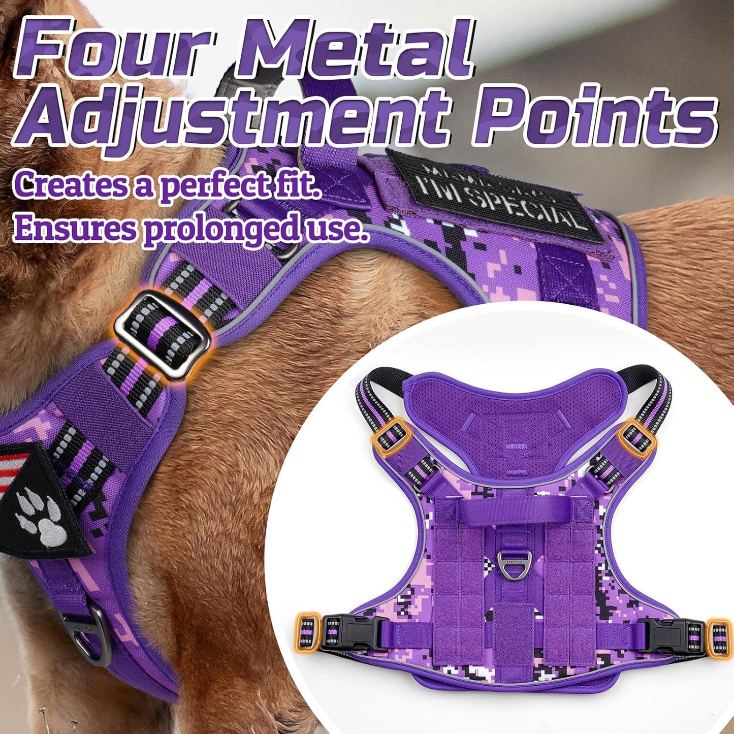 rabbitgoo Tactical Dog Harness Medium Sized Dog, No Pull Military Service Vest with Handle & Molle, Easy Control for Training Walking, Adjustable Reflective Straps, Purple Camo, M