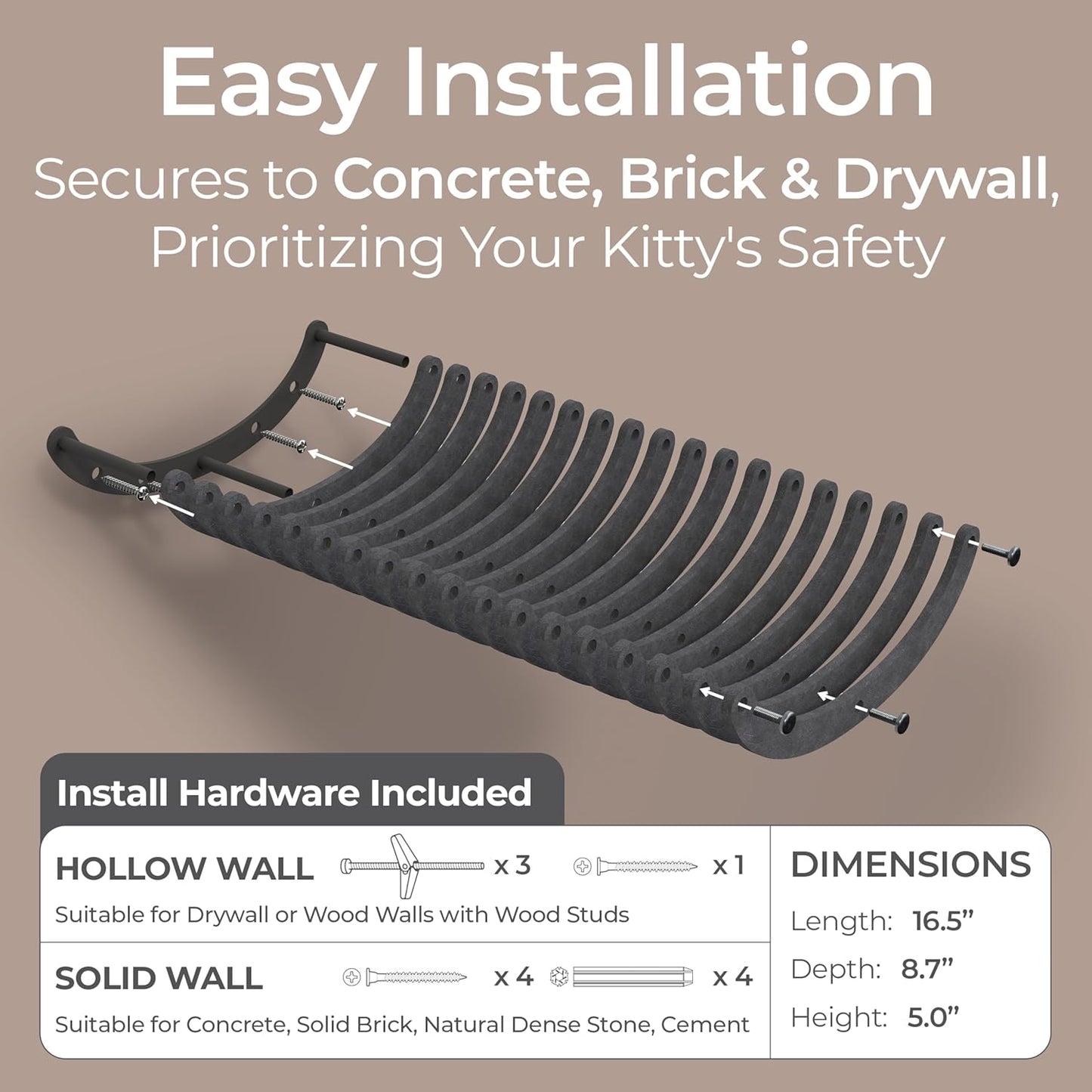 Wall Mounted Cat Hammock Bed by Pryde Pets - Floating Perch Curved Shelf, 100% Sustainable PET Felt Feline Enrichment Climber Furniture for Indoor Cats, Modern Climbing Gym Jungle Design (Charcoal)