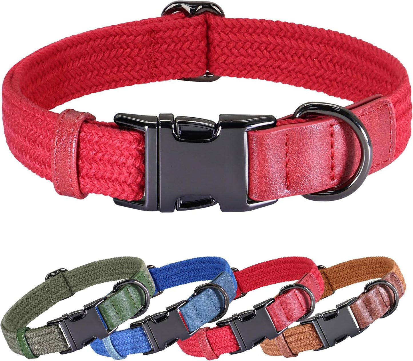 PET ARTIST Soft Cotton Dog Collar for Small Dogs in Glamorous Red, Simple Dog Collar with Quick Release Metal Buckle & D Ring, S Size (10-16")