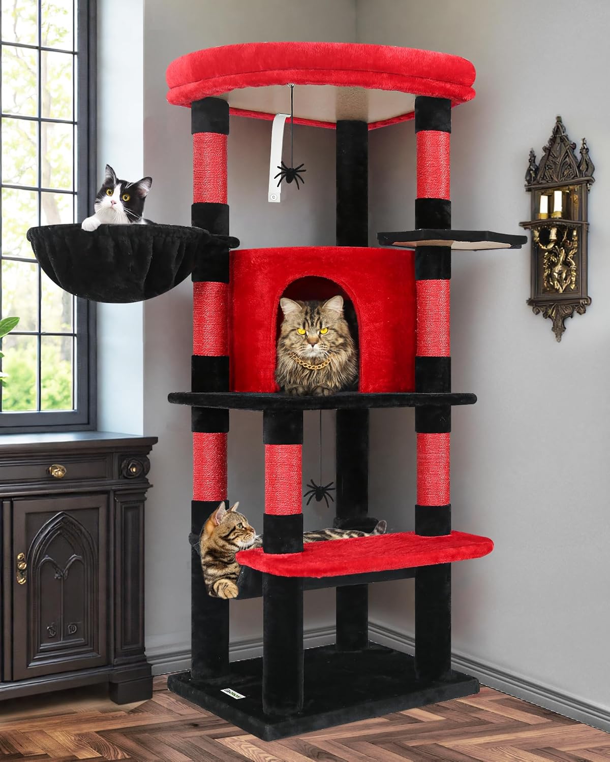 Globlazer Gothic Corner Cat Tree Tower with Scratching Post for Indoor Cats, 51inch Goth Cat Condo Tower with Large Hammock, Fan-Shaped Padded Perch, Spacious Cat Cave, Hanging Basket, C51, Red Black