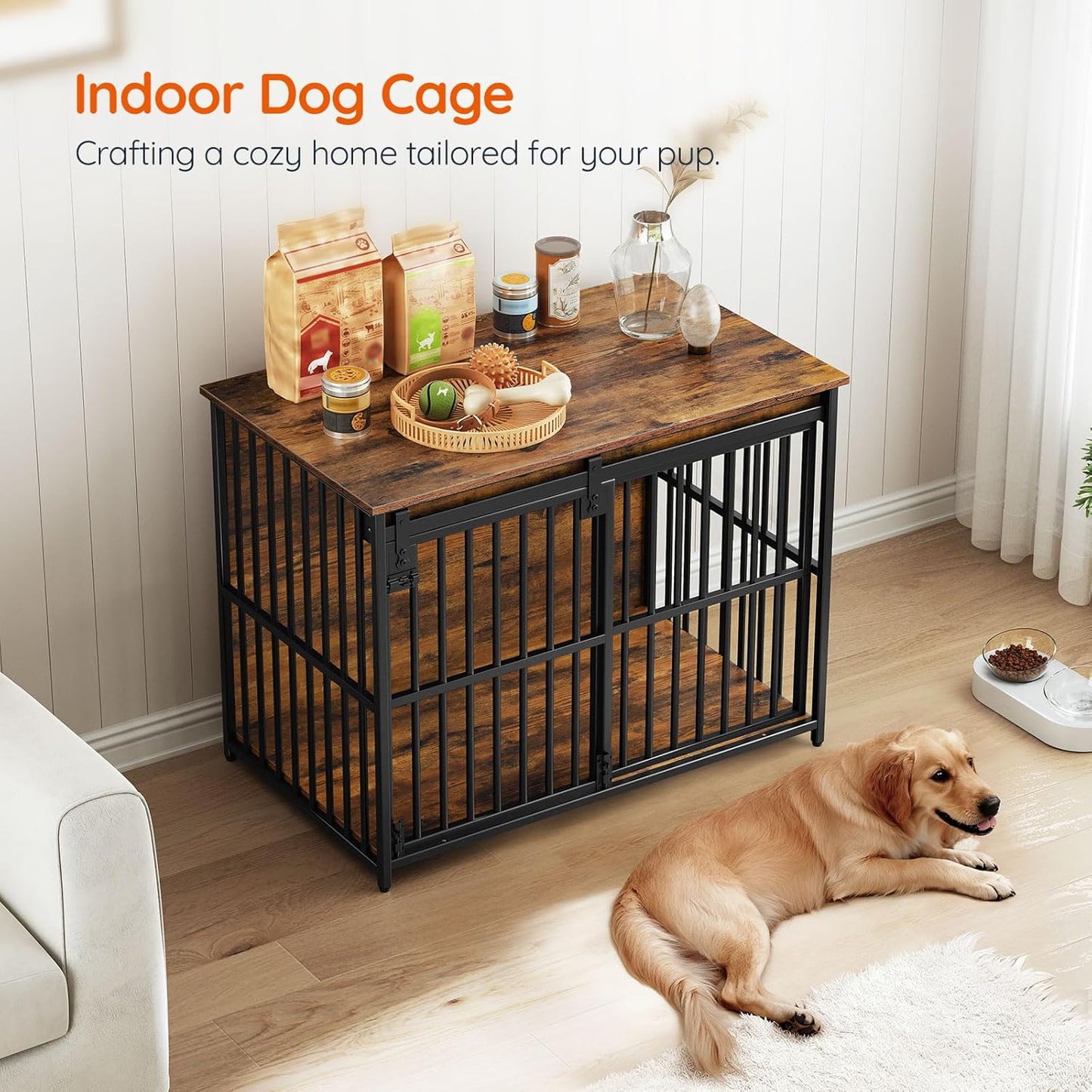 HOOBRO Dog Crate Furniture, 36.6" Heavy Duty Dog Kennel with Sliding Barn Door, Wooden Dog Cage Indoor, Decorative Side End Table for Small/Medium Dogs, Rustic Brown and Black FG162GW03G1