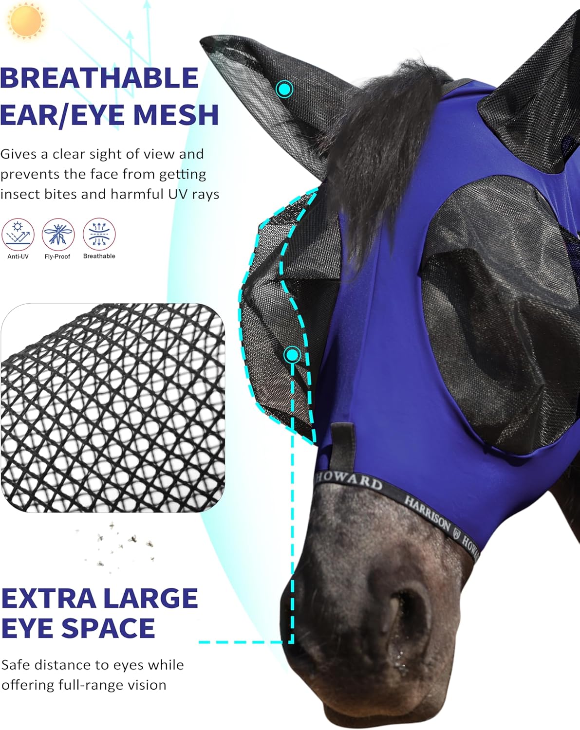 Harrison Howard Horse Fly Mask with Forelock Opening Stretch Breathable and Comfortable for Horses UV -Protection Navy M