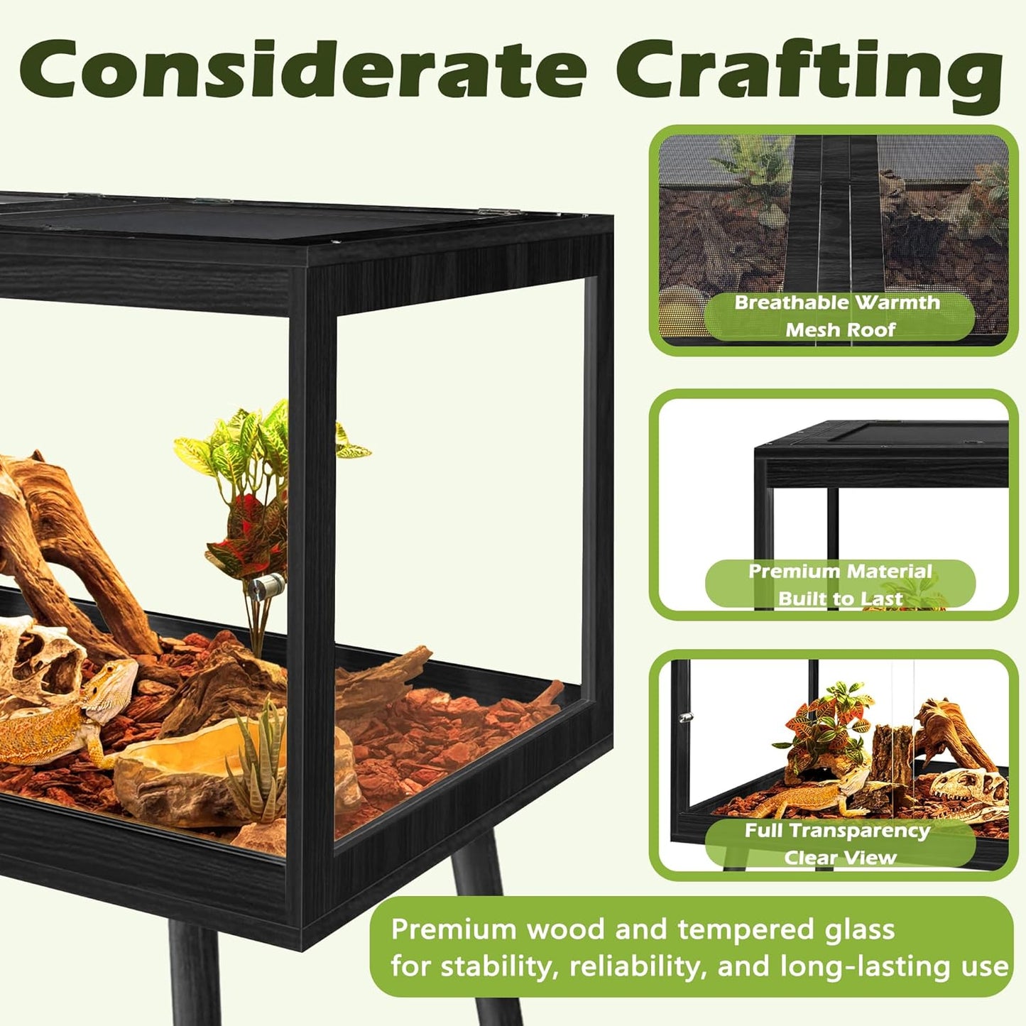 PROLEE Bearded Dragon Tank with Leg,Tempered Glass Lizard Tanks and Reptile Enclosure,Up to 78 Gallon Reptile Tank with Metal Mesh and Lockable Door for Snakes,Chameleon (Black, 60Gallons,40inch)