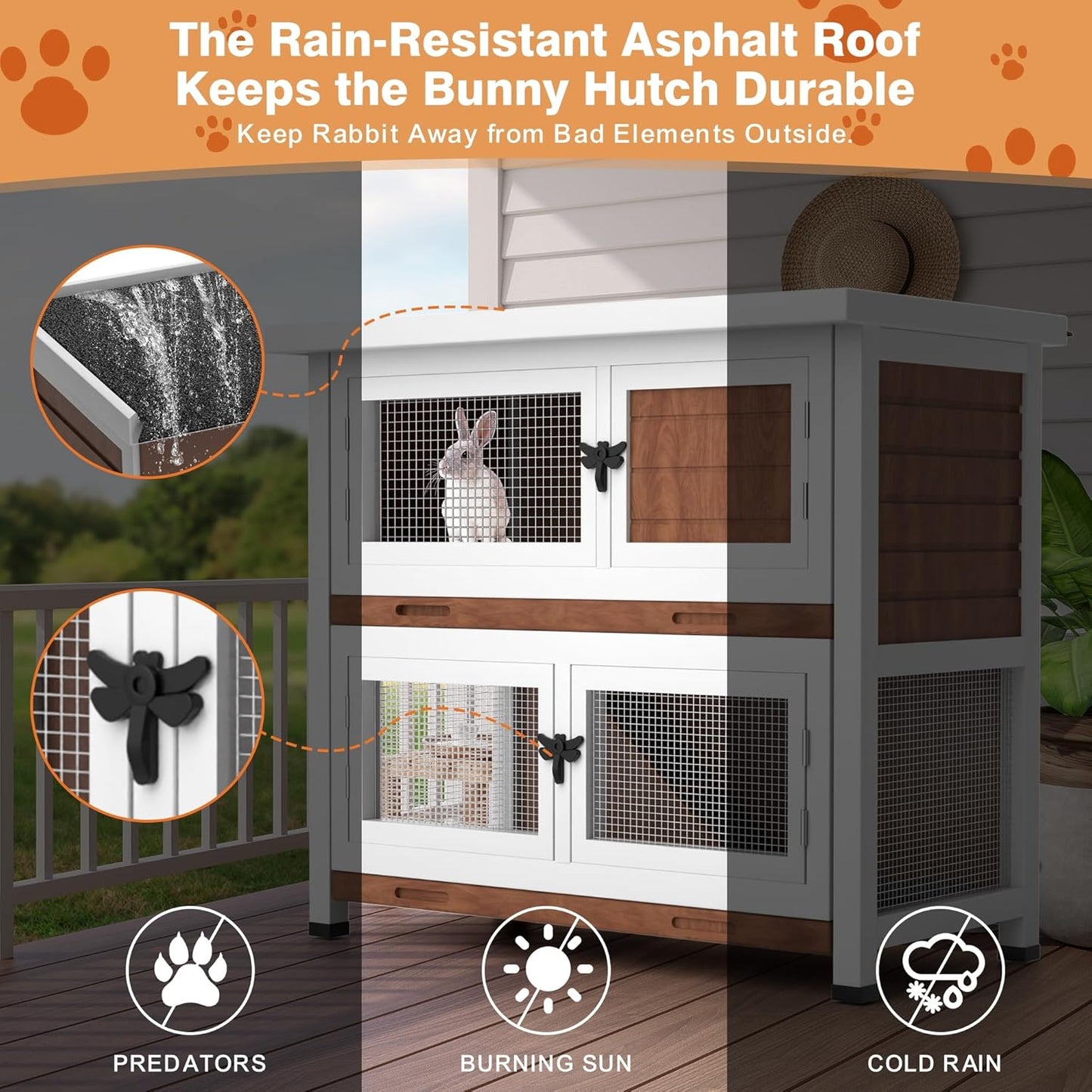 2 Story Rabbit Hutch, Indoor Outdoor Bunny Hutch Solid Wood Rabbit Cage with Removable Trays, Waterproof Asphalt Roofs and Ventilation Door, Small Animal House for Rabbit Guinea Pig Ferret, Walnut