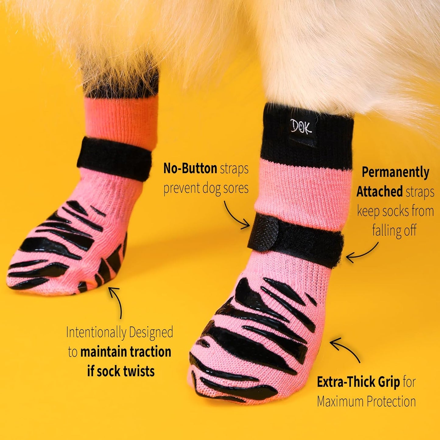 DOK TigerToes Premium Non-Slip Dog Socks for Hardwood Floors - Extra-Thick Grip That Works Even When Twisted - Prevents Licking, Slipping, and Great for Dog Paw Protection (Sassy Pink, Large)