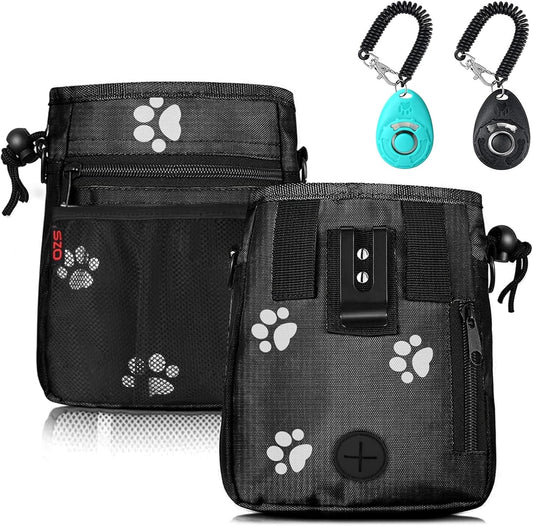 Dog Treat Pouch - 3 Ways to Wear Treat Pouches for Pet Training and 2 Pieces Clicker Taining for Dogs, Dog Training Treat Pouch Bag and Dog Clicker for Training with Waist Belt Shoulder Strap - Paws