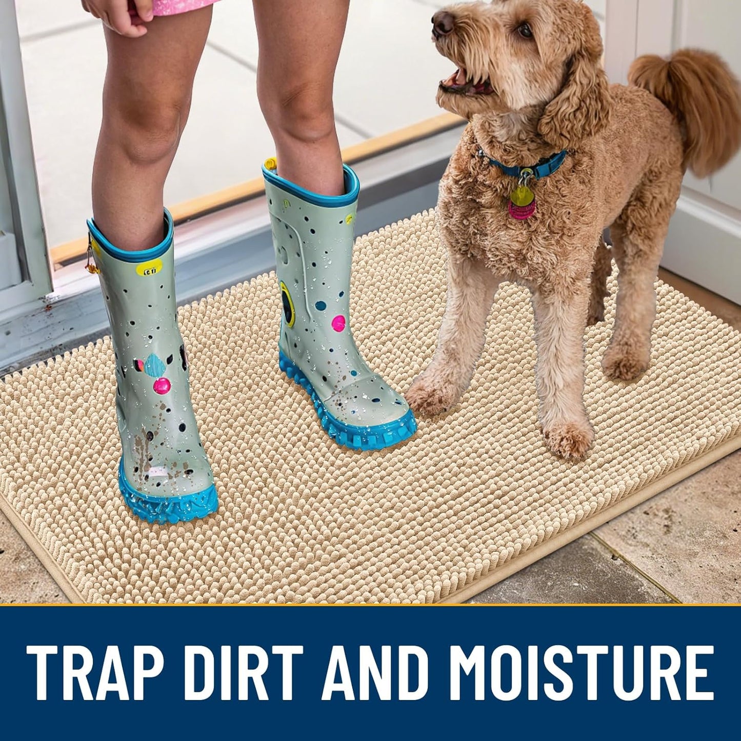 Smiry Dog Door Mat for Muddy Paws 47x24, Absorbs Moisture and Dirt Doormat, Non-Slip Washable Quick Dry Chenille Front Door Mat Indoor Entrance, Entryway Carpet for Inside Floor, Beige