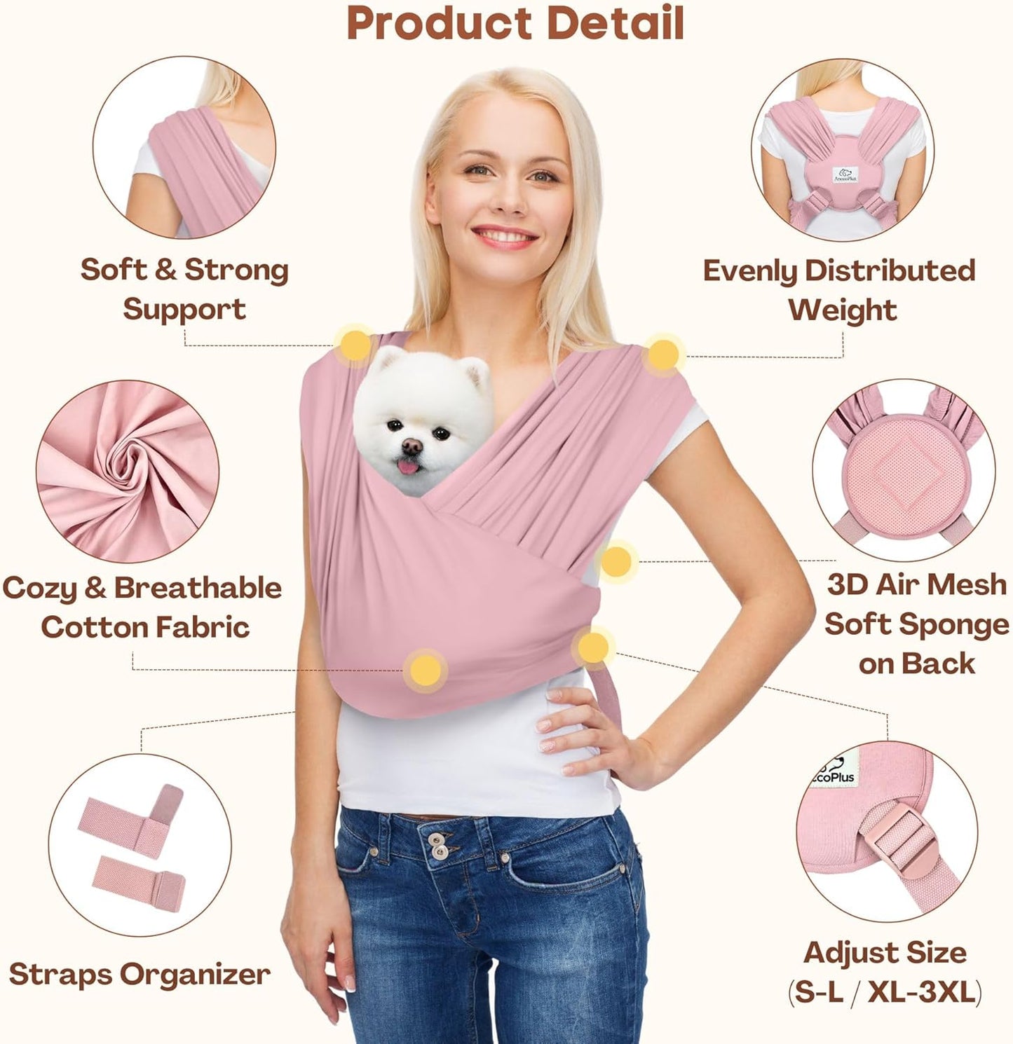 Dog Carriers for Small Dogs, Front Facing Dog Sling Carrier, Hands Free Cat Carrier, Size Adjustable, Reducing Back Pain, Premium Cotton, Safe and Soft Dog Carrier (Regular, Light Pink)