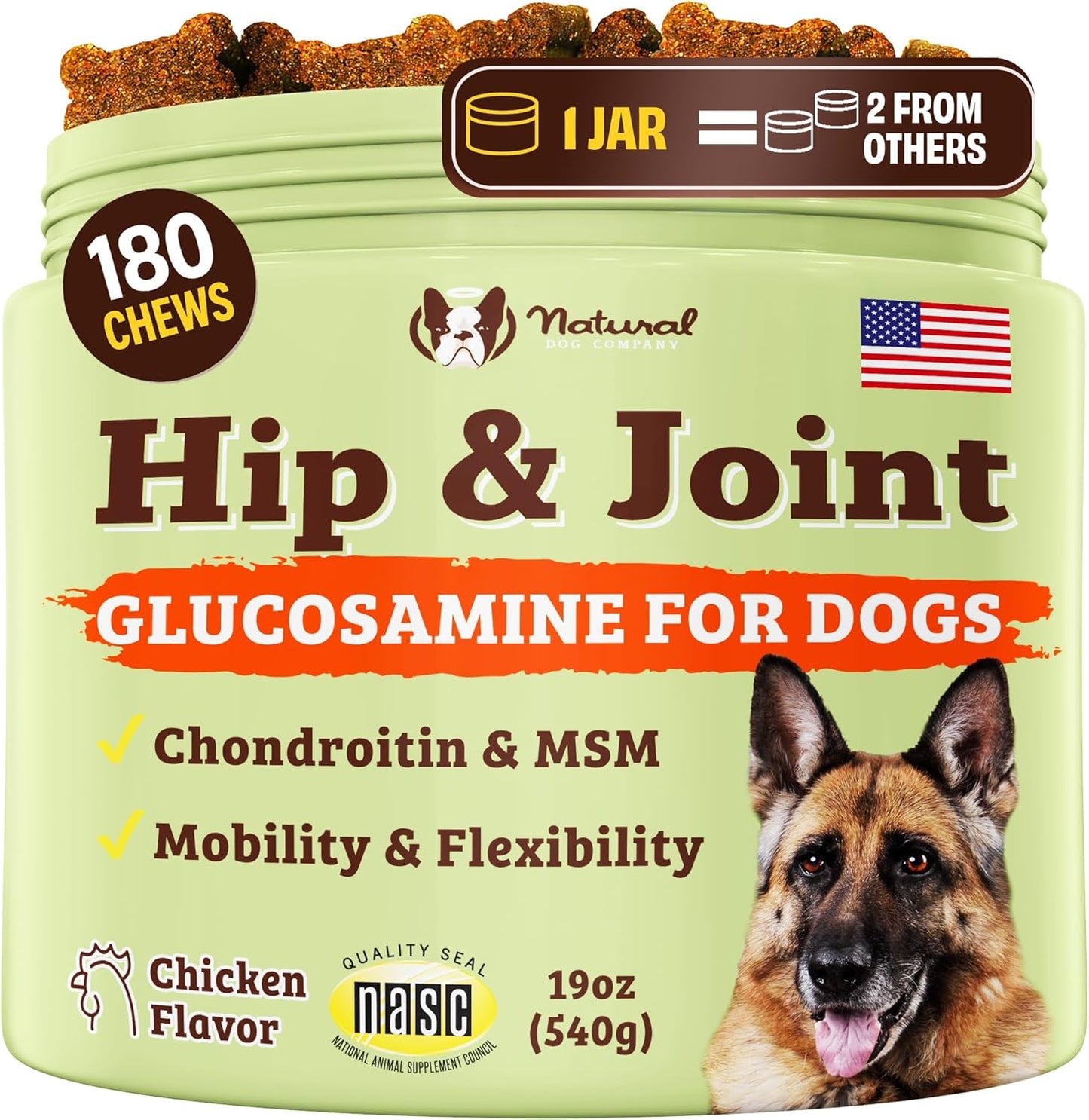 Natural Dog Company Hip & Joint Chews for Dogs with Glucosamine for Dogs + Chondroitin, MSM & Turmeric, Supports Mobility & Reduces Discomfort, Stiffness, Natural Pain Relief Joint Supplement. 180 Ct