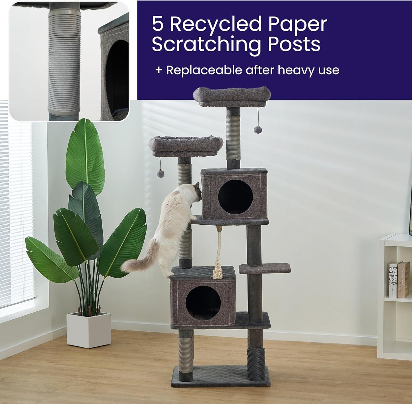 Catry® Stella 7-Level 67.5” Linen & Quilted Velvet Cat Tree with Recycled Paper Scratchers, Two Condos, Removable Beds, Toys, Easy to Clean, Ideal for Large Cats and Multi-Cat Homes (Zinc Gray)