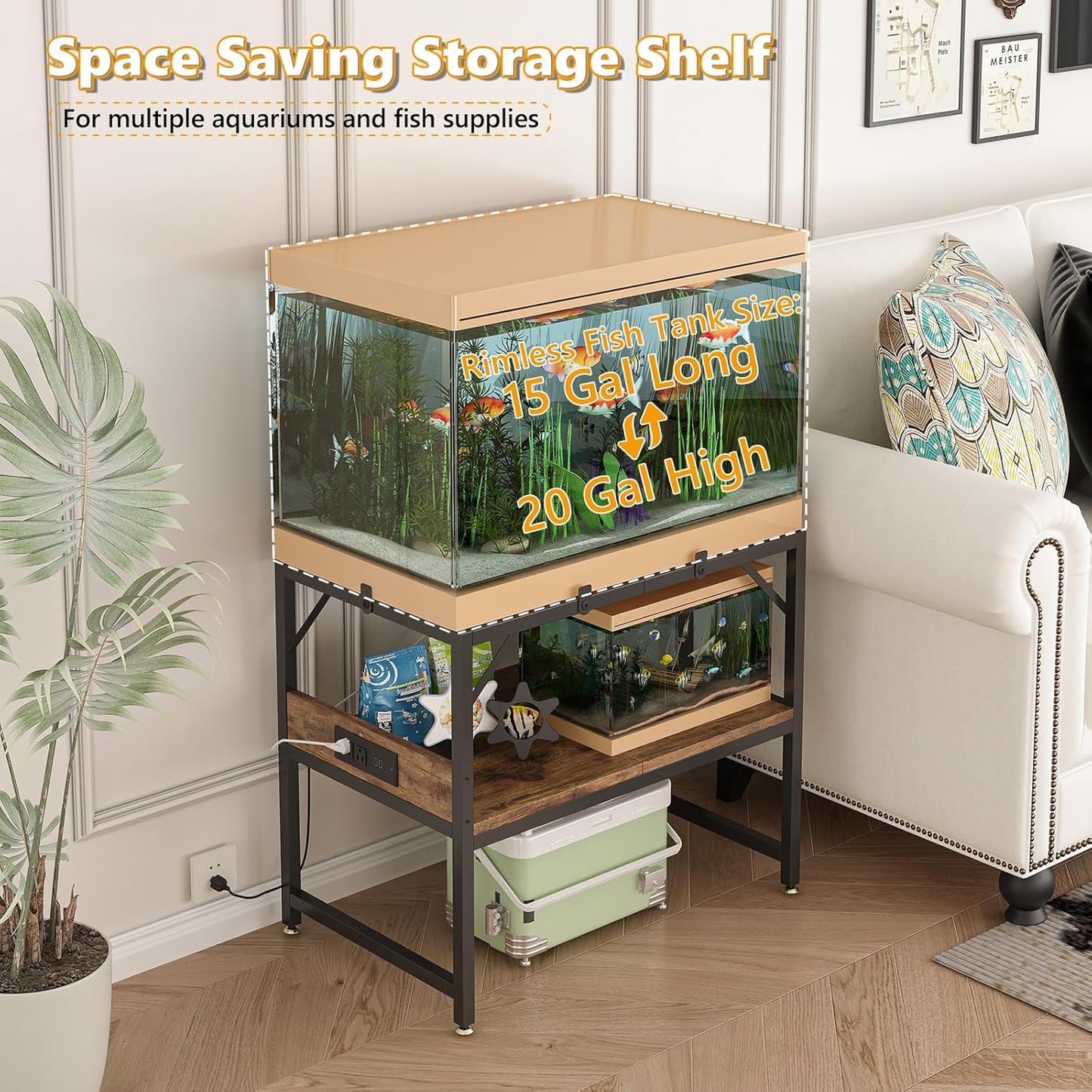 Modern 15 Long Gallon Fish Tank Stand for Home Office, 2-Tier Aquarium Stand with Shelf for Storage, Fish Tank Table 24" x 12" x 21", Ideal for Breeder Tanks, and Reptile Terrariums, Rustic Brown