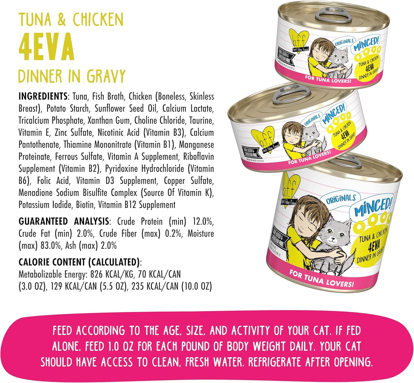 Weruva BFF Minced Natural Wet Cat Food, Tuna and Chicken 4 Eva in Gravy, 3oz Can, Pack of 24