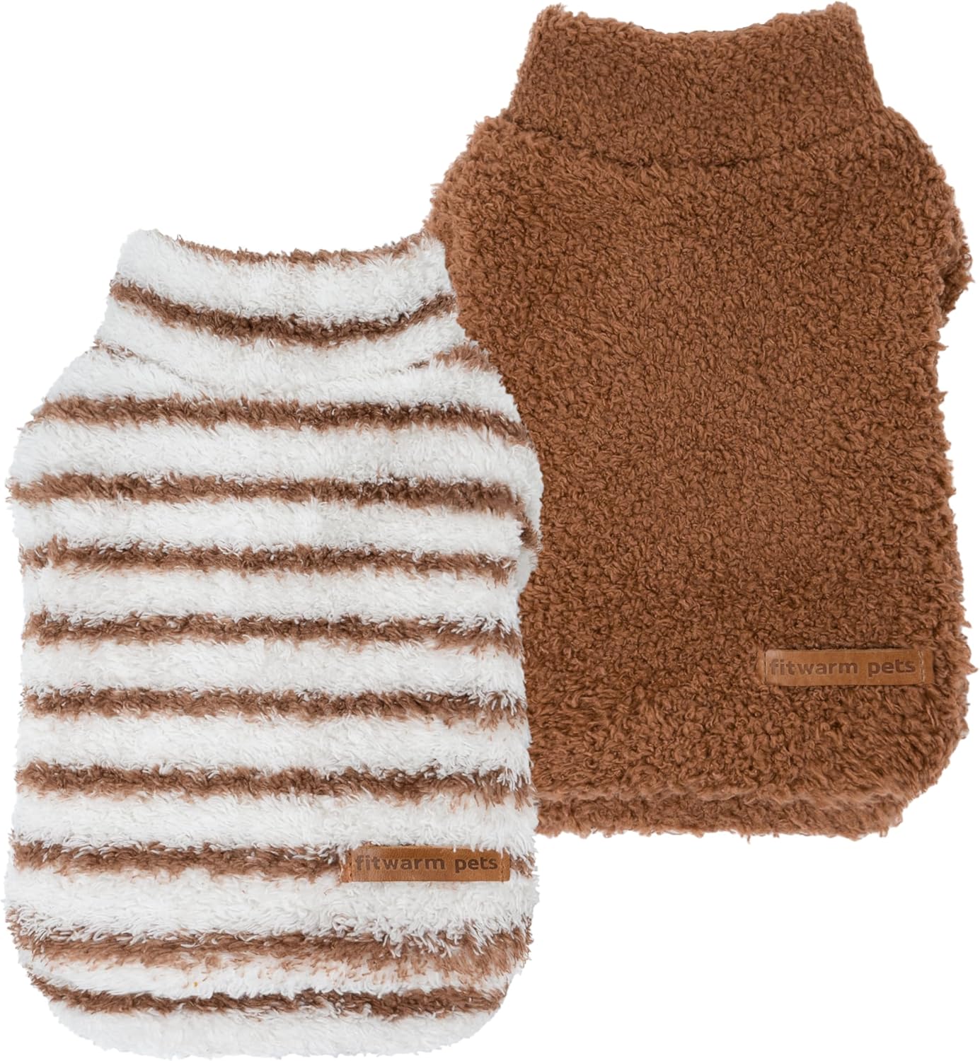 Fitwarm 2 Pack Striped Fleece Dog Sweater, Warm Winter Clothes for Small Dogs Boy Girl, Fuzzy Pet Outfit, White, Brown, Medium