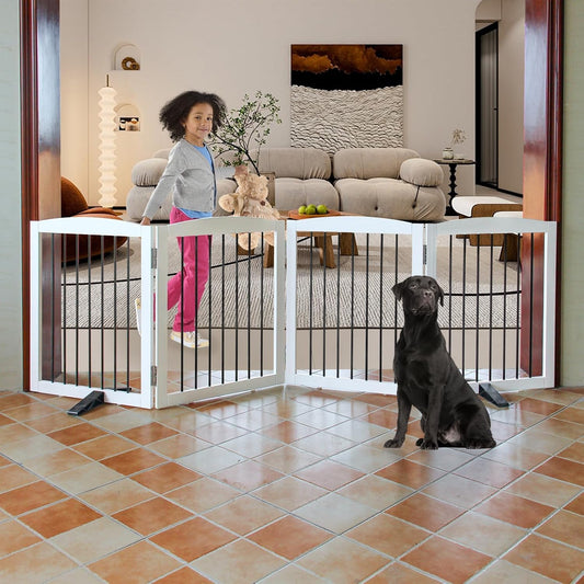 ZJSF Freestanding Panel Dog Gate for Indoor, Doorways,Stairs, or Hallways,Foldable Wooden White Pet Gates for House,Pet Gate for Dogs,Dog Fence, Puppy Gate,Support Feet Included,24 "Height-4 Panels