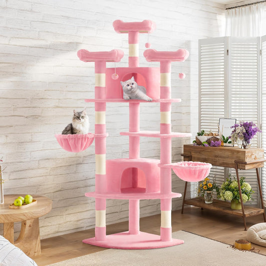 SHA CERLIN 73in Fan-Shaped Corner Cat Tower for Save Space/Multi-Level Tall Cat Tree for Indoor Kitties/Condo with Baskets/Cozy Perches/Sisal Scratching Posts/Pet Activity House/Pink