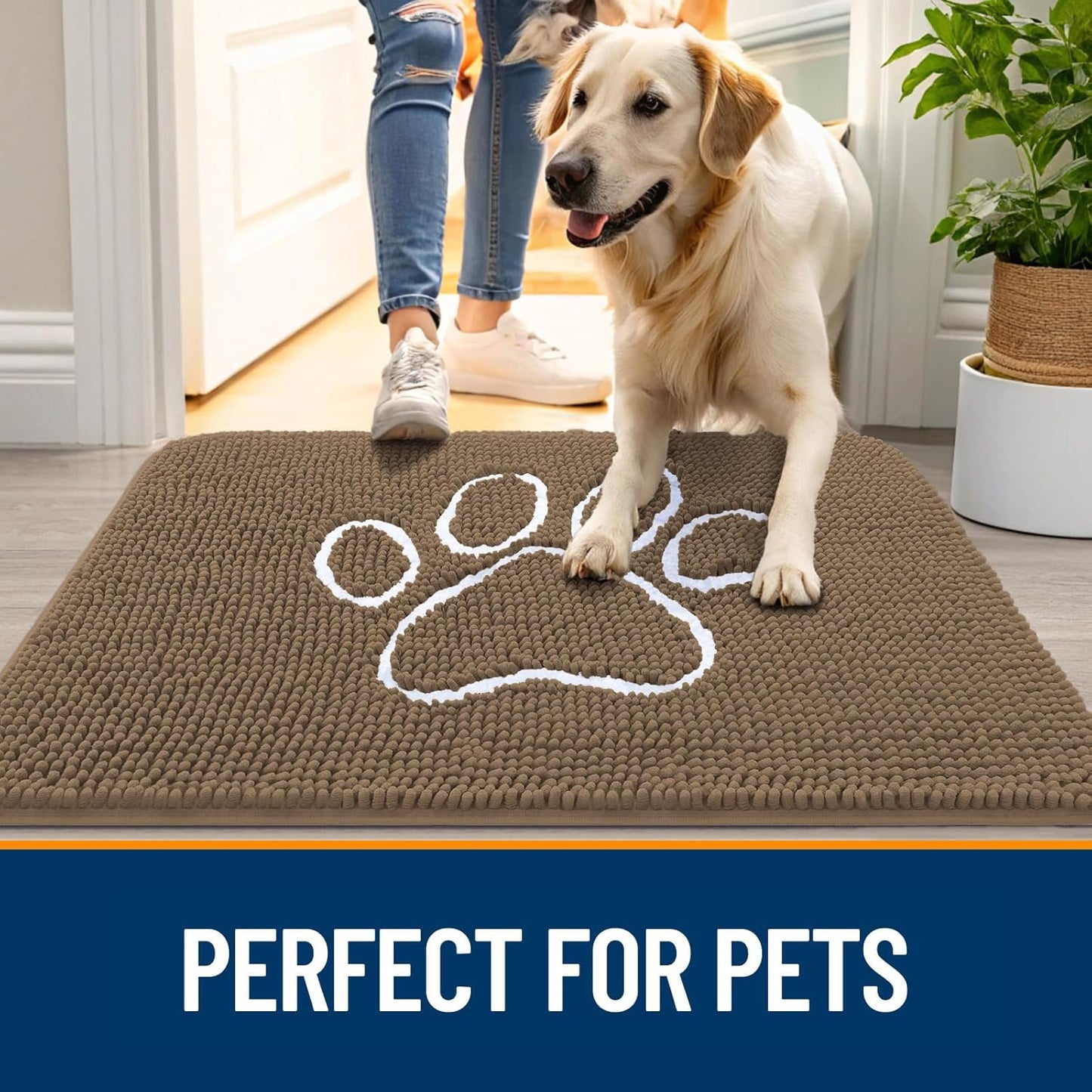 OLANLY Door Mat for Muddy Dog Paws 70x46, Ultra Absorbent Chenille Mud Doormat with Paw Print Design, Non-Slip Washable Doormat for Indoor Entryway, Quick-Dry Pet Bed Mats for Dirty Dogs, Tan