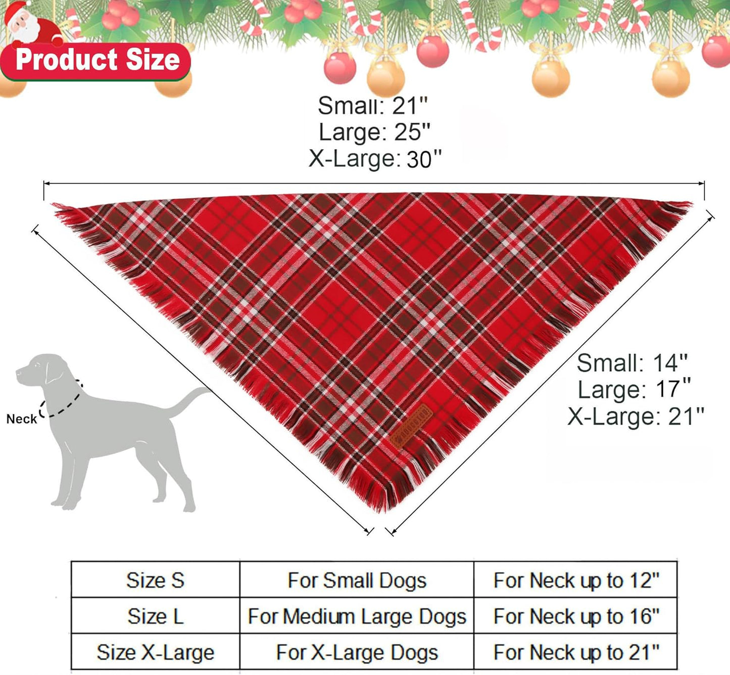 ADOGGYGO Christmas Dog Bandanas with Tassels Edges, Stylish Red Plaid Xmas Scarf, Multiple Sizes, Christmas Bandanas for Extra Large Dogs (X-Large)