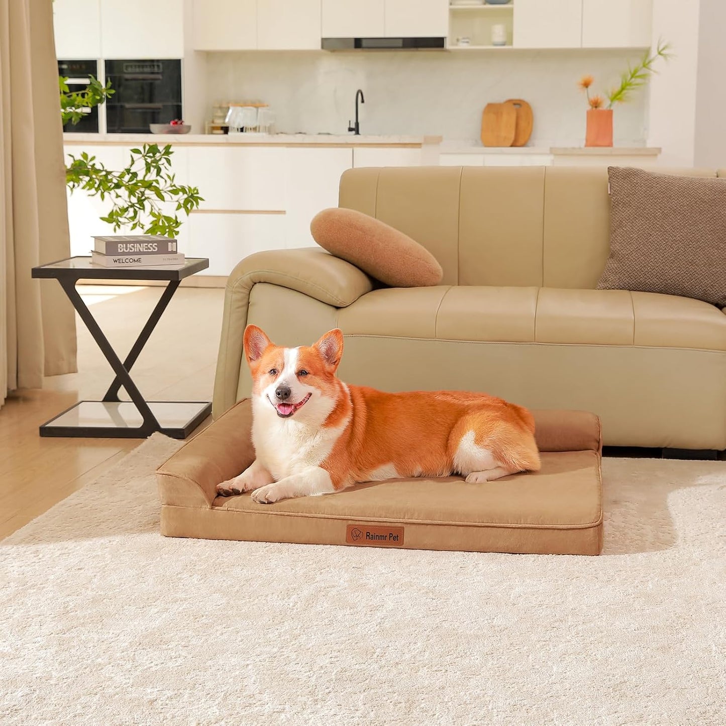 Upgraded Large Dog Bed, 3" Memory Foam with Waterproof Liner, Chew Resistant Microsuede Cover, Removable and Washable, for Indoor, Outdoor, and Car Use, Nonskid Base, 36x27 Inches L Khaki