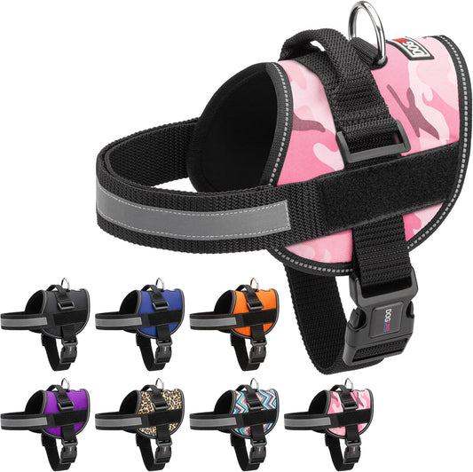 Dogline Dog Harness, Reflective No-Pull Adjustable Vest with Handle for Walking, Training, Breathable, No - Choke Harness for Small, Medium or Large Dogs Room for Patches Girth 15 to 18 in Pink Camo