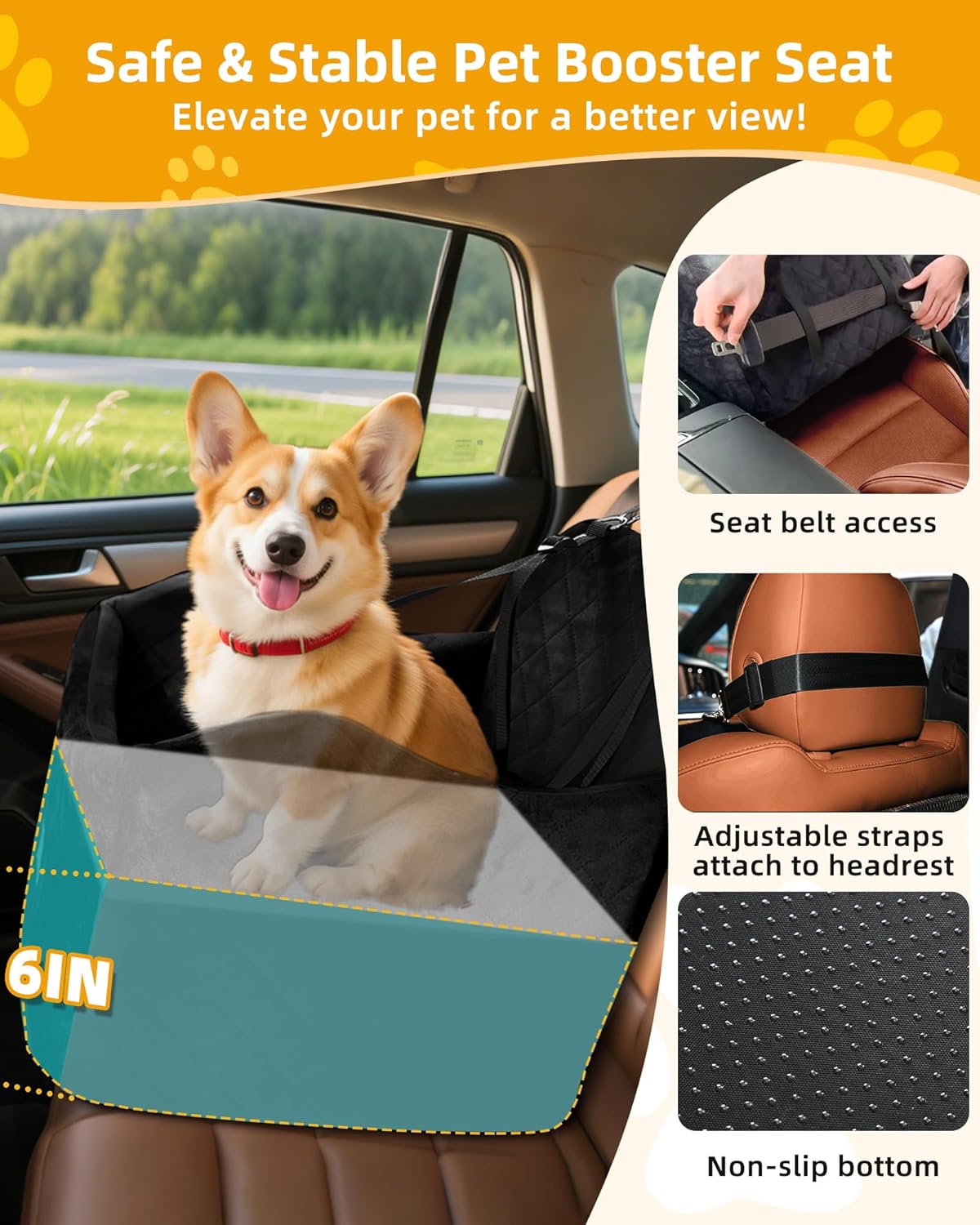Car Seat Booster for Dog: High-Support Memory Foam Pet Car Seat for Small/Medium Dogs Under 35lbs with Elevated Cushion - Detachable Washable Puppy Travel Bed for Driving with Pockets (Black)