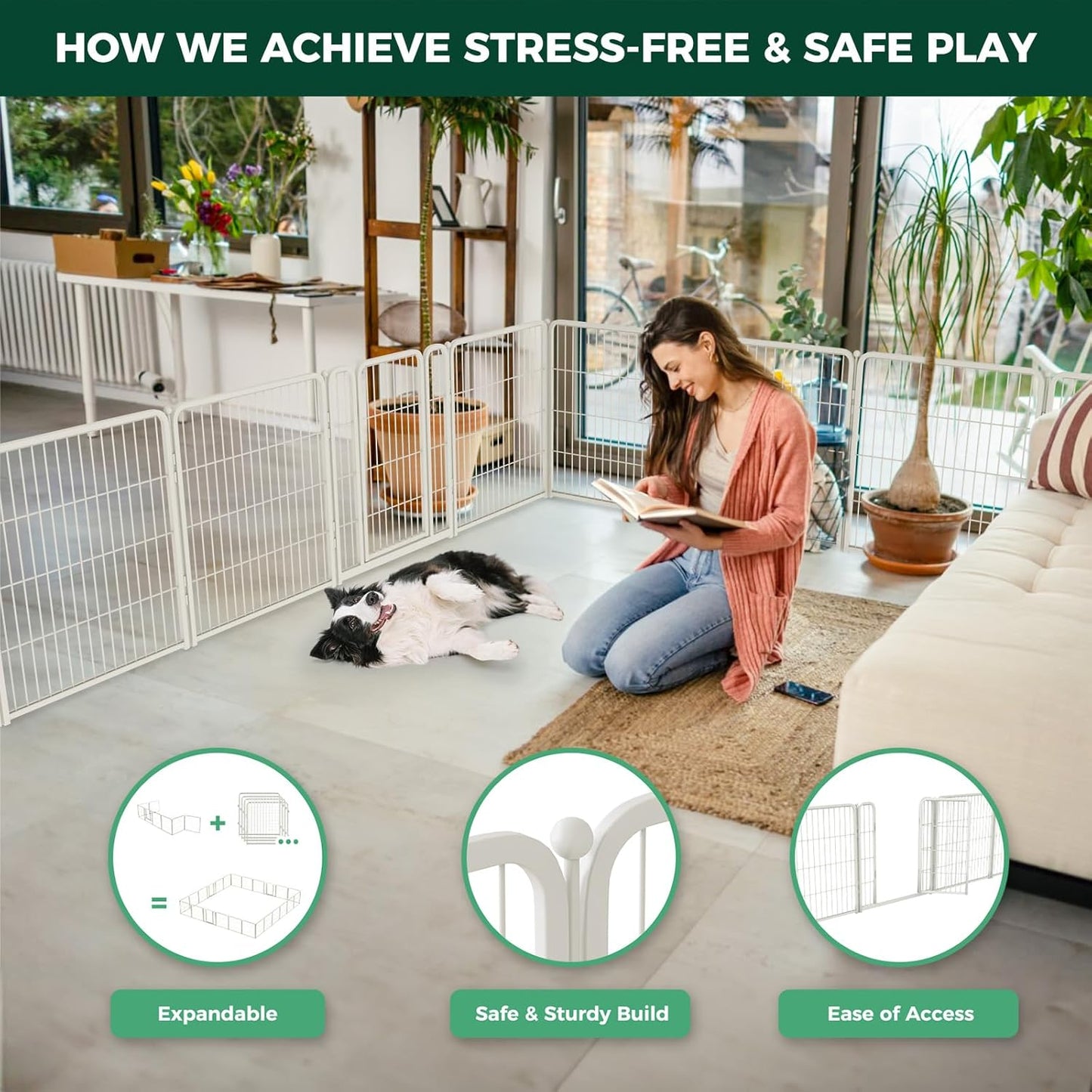 FXW Homeplus Unleashed Indoor Dog Playpen - Stress-Free and Safe Play, Heavy Duty 32 Inch 16 Wire Panels Dog Pen for Small and Medium Dogs, White│Patented