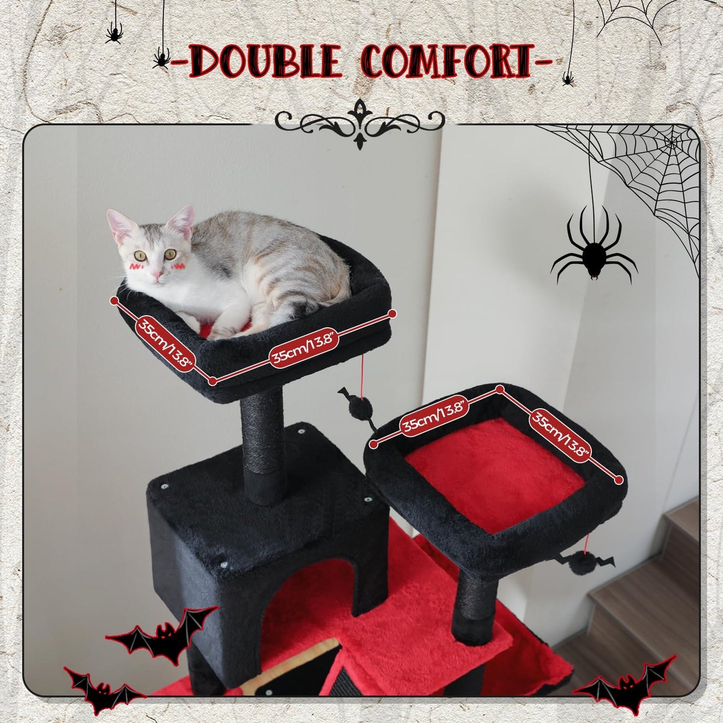 PAWZ Road 70 Inch Cat Tower, Gothic Cat Tree with 2 Cozy Condos, 2 Plush Perch, Large Basket, 2 Scraching Pad & 6 Scraching Posts for Indoor Cats Large Adult