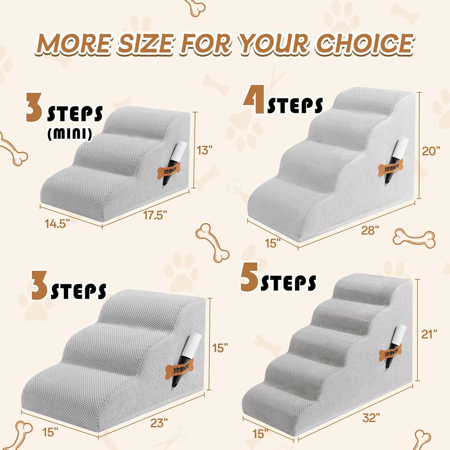 Romrol Dog Stairs Ramp for Beds Couches, Extra Wide Pet Steps with Durable Non-Slip Waterproof Fabric Cover, Dog Slope Stairs for Small Dogs and Cats or Pets Friendly, 4-TiersLight Grey