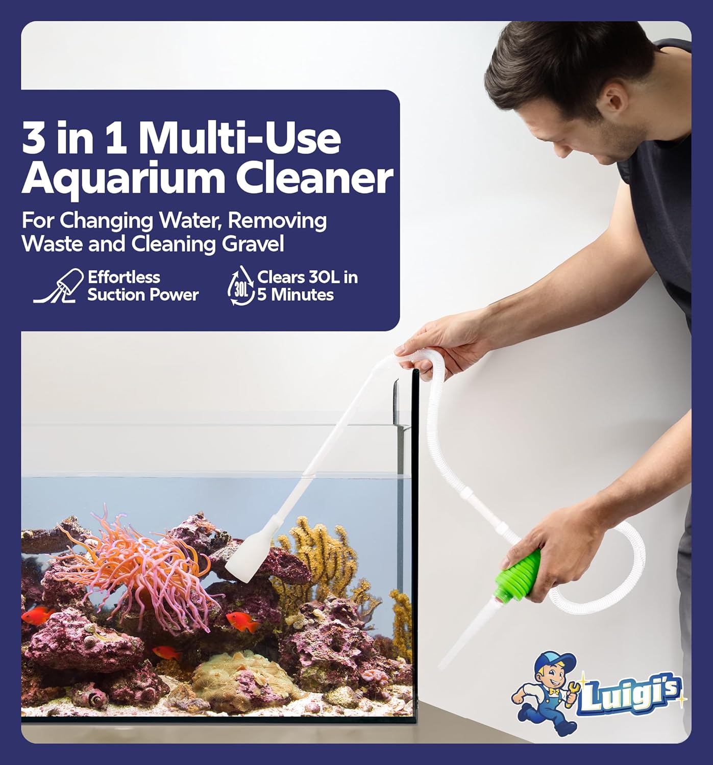 Luigi's Fish Tank Cleaner - Turtle Tank Accessories - Gravel Vacuum for Aquarium - Hand Siphon Hose to Remove and Change Water or Sand in Minutes - Aquarium Cleaning Tools