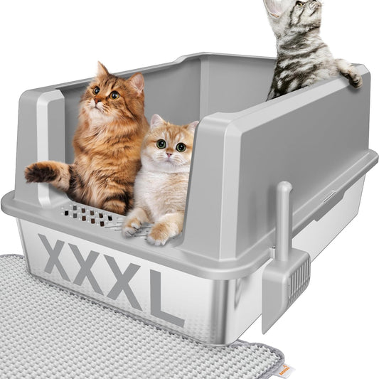 Stainless Steel Jumbo Open Cat Litter Box, XXXL 28"x20.5"x14" for Large Cats & Multi-Cat Households, Anti-Leakage High Walls & Non-Slip Base, Non-Sticky, Easy Clean Durable Metal Litter Pan