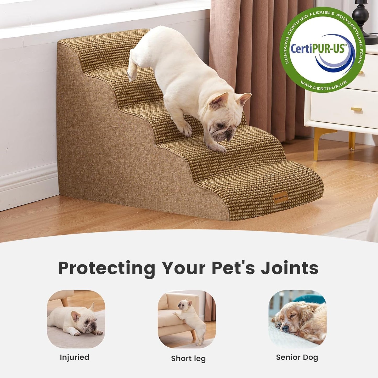 Gardner Pet Dog Stairs for Small Dogs 22.8" H, 5-Step Brown Curved Pet Stairs, Dog Steps for High Bed, Couch (24-30 in) with Durable Non-Slip Waterproof Fabric Cover and CertiPUR-US Certified Foam