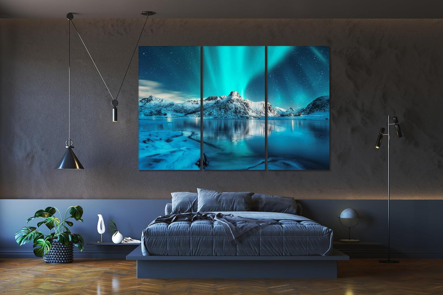 Nature Wall Art Prints - Ocean Forest Mountain Lake Canvas Landscapes - Small to Extra Large Living Room Bedroom Kitchen Bathroom Décor (Northern Lights Over Lake, 55L" x 83W"- 3 Panels)