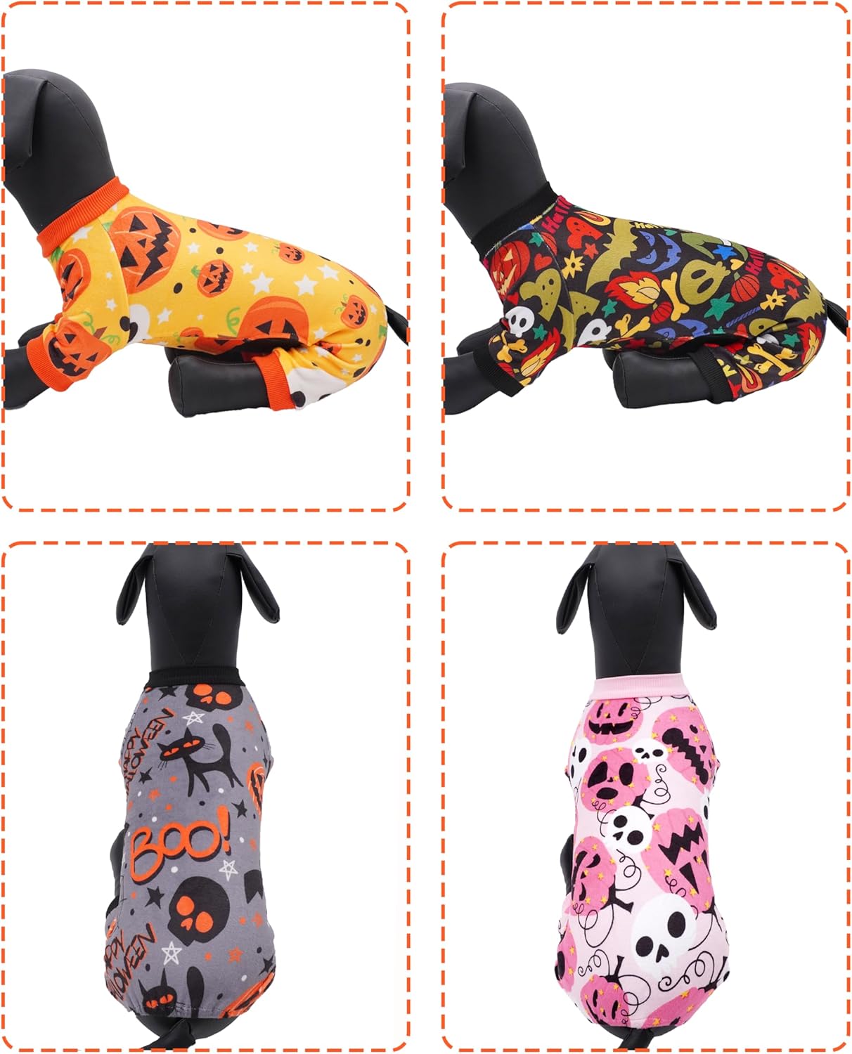 PET SHOW 4 Pack Halloween Small Dog Pajamas for Doggie Puppy Cats Kitten Onesies Pumpkin Ghost Soft Fleece Stretchy Jumpsuit Costume Boy Girl Pets PJs with Sleeve Clothes(S)