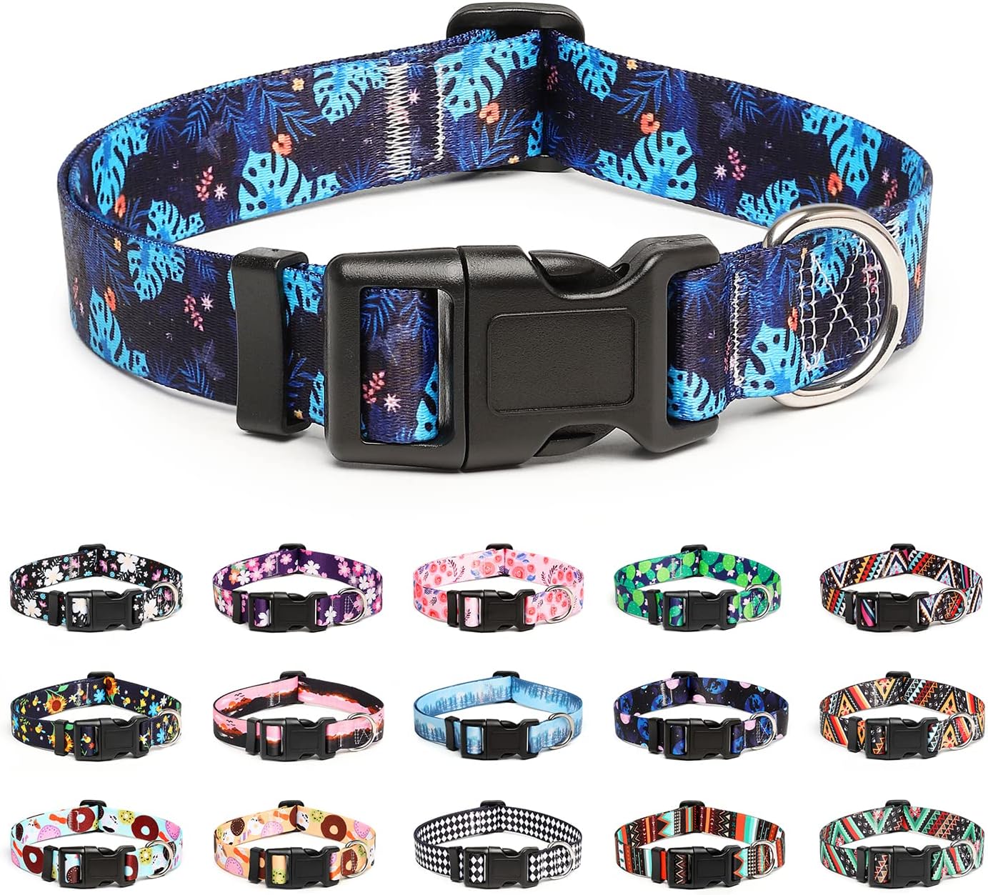 Mercano Adjustable Dog Collar - Special Design Patterns, Soft Nylon Comfortable Durable Pet Collar for Small Medium Large Dogs (L, Monstera)