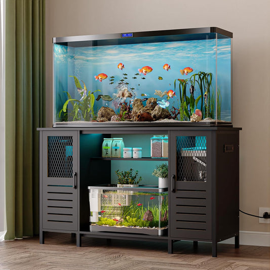 EAG 55-75 Gallon Fish Tank Stand with Power Outlets & LED Light, Heavy Duty Aquarium Stand with Adjustable Shelves, Turtle Reptile Terrarium Tank Stand with Cabinet, 1250LBS Capacity, Black