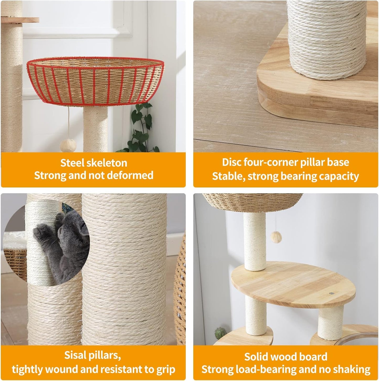 59" Big Modern Cat Tree Tower, Cat Tower Sisal-Covered Scratching Posts for Indoor Cats, Oak Wood Cat Tree for Large Cats, Multi-Level Cat Condo with Space Capsule Nest, Cat Furniture Activity Centre