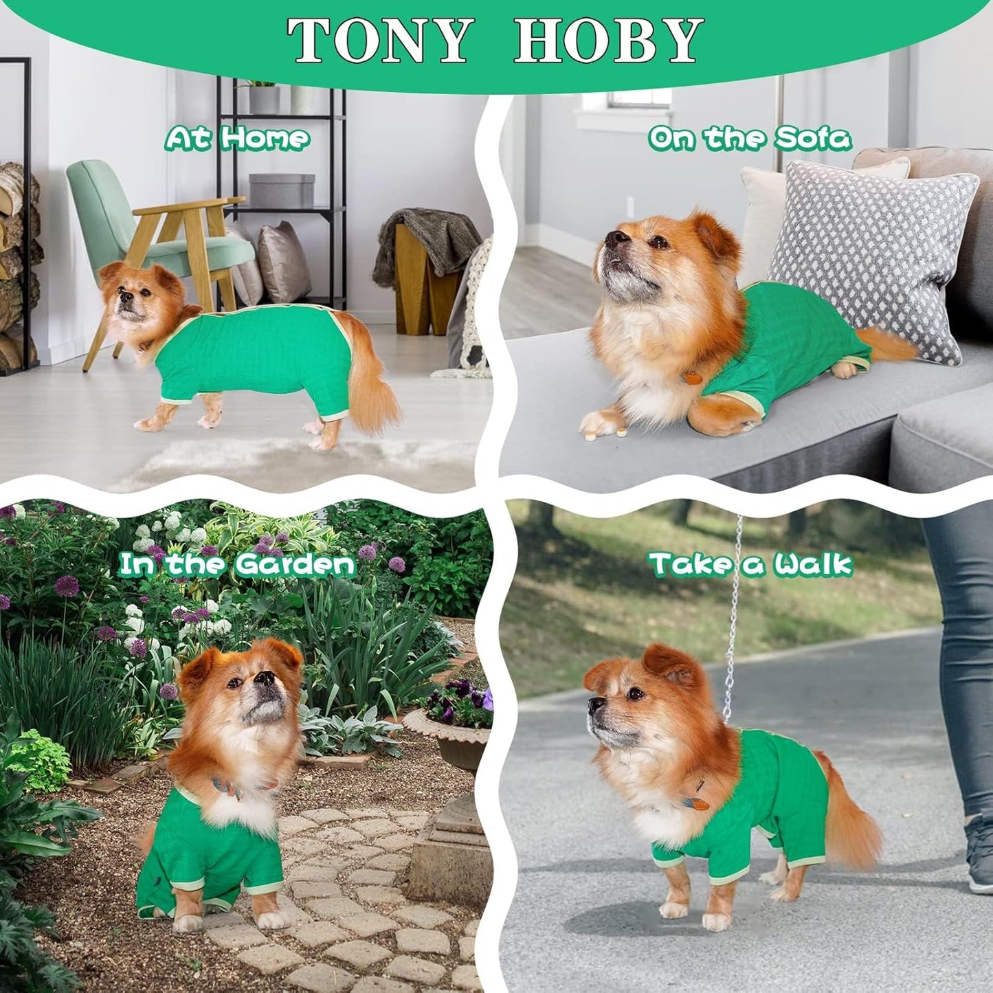 TONY HOBY Dog Pajamas, Dog Recovery Suit After Surgery, Soft Dogs Dogs Jumpsuit Shirts for Small Medium Dogs (Green, Boy, S)