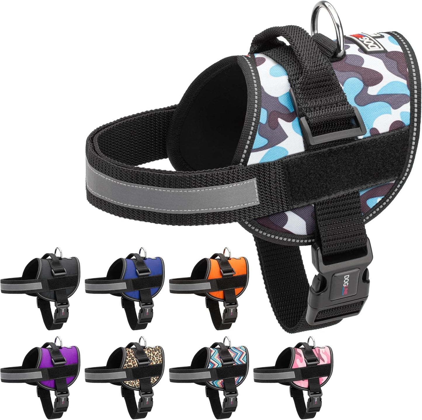 Dogline Dog Harness, Reflective No-Pull Adjustable Vest with Handle for Walking, Training, Breathable, No - Choke Harness for Small, Medium or Large Dogs Room for Patches Girth 22"-28" in Blue Camo