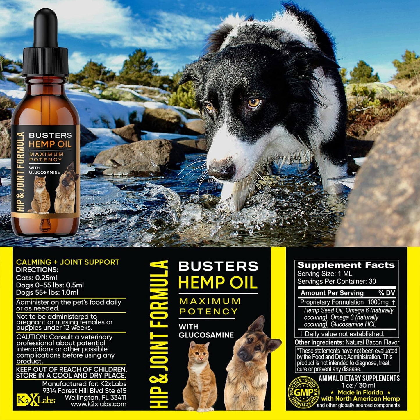 Busters Hip and Joint Hemp Oil for Dogs Formula with Glucosamine, 2Pack 2Month Supply, Soothing Relief for Cats, and Pets, Advanced Mobility Support
